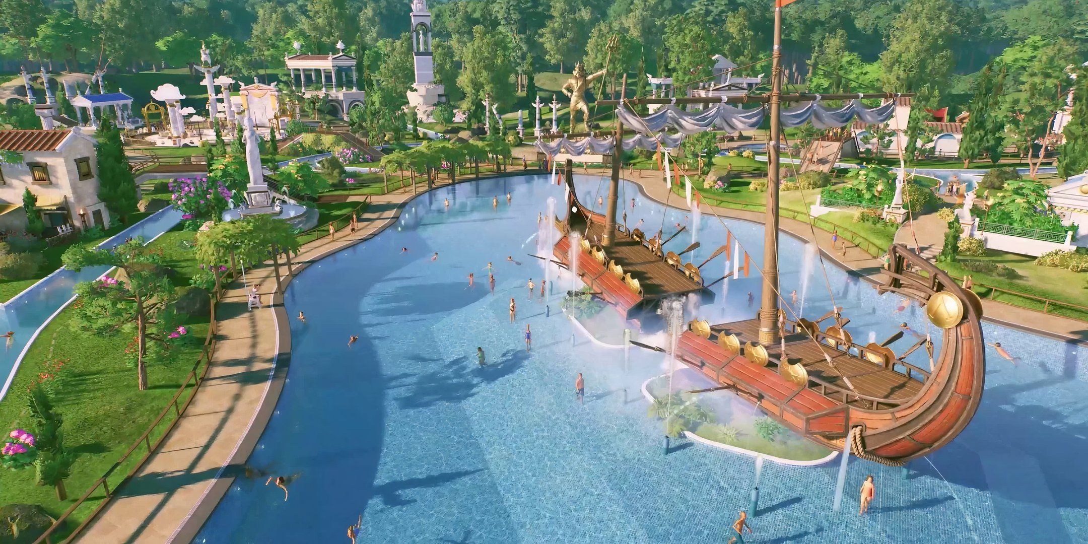 A Pirate themed pool area in Planet Coaster 2 showing people swimming near the ship.