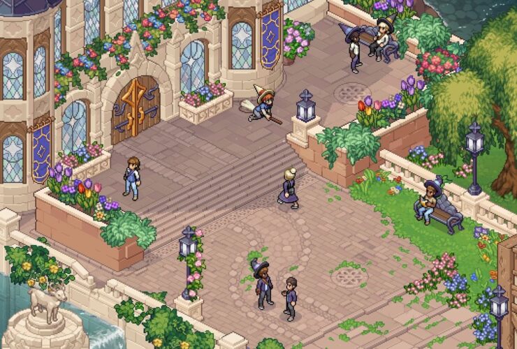 Witchbrook screenshot of a library in the magical college with witches flying on brooms