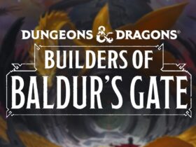 The Dungeons &amp; Dragons: Builders of Baldur's Gate board game logo on a D&amp;D dragon image