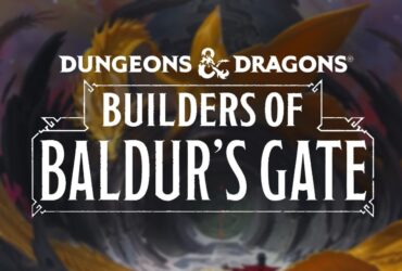 The Dungeons &amp; Dragons: Builders of Baldur's Gate board game logo on a D&amp;D dragon image