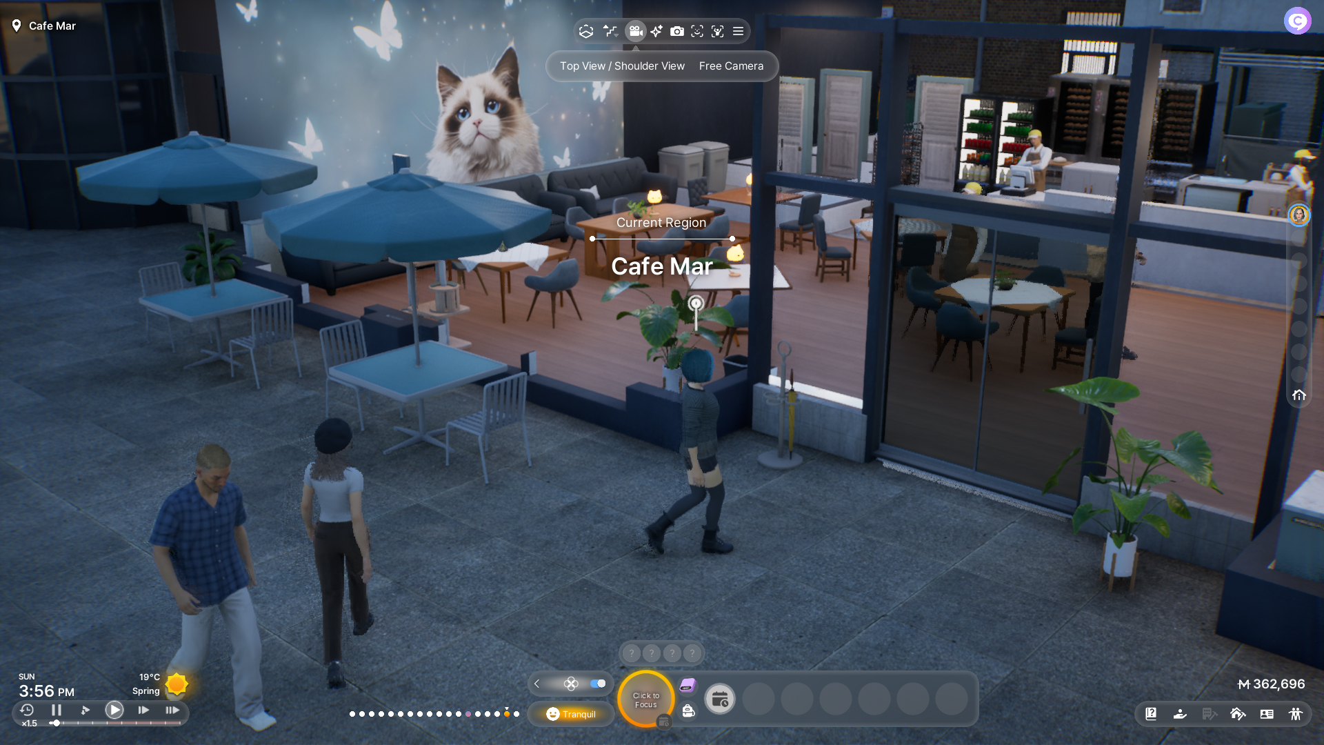 InZOI screenshot showing a Zoi walking through a city to a cafe