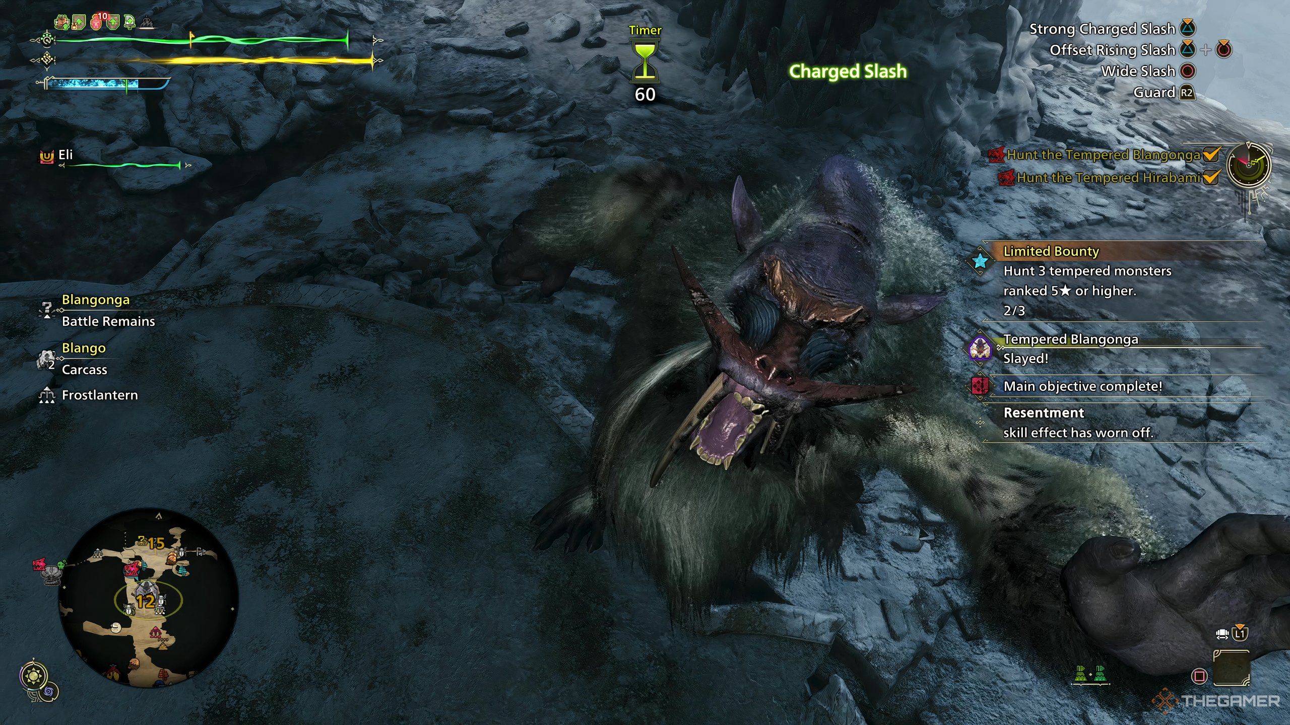 A Blangonga falling over slain in Monster Hunter Wilds.