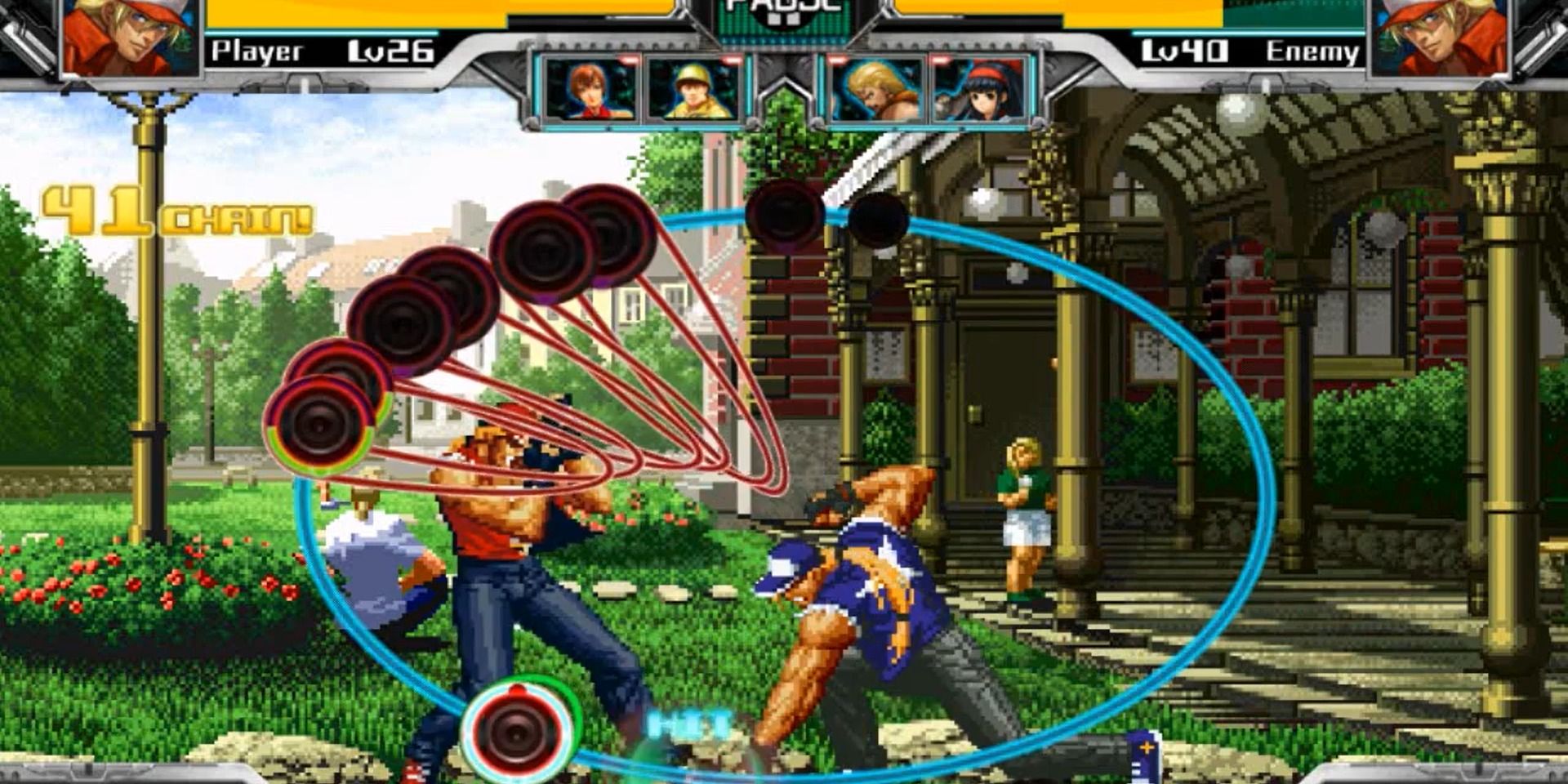 A blue Terry Bogard hitting another Terry Bogard with a Power Wave in Rhythm of Fighters.