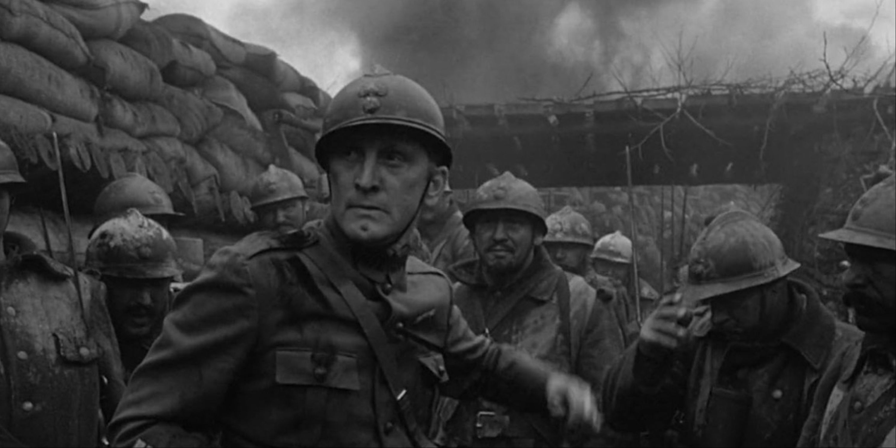 A close-up of Kirk Douglas' Colonel Dax with his men in the trenches in Paths of Glory.