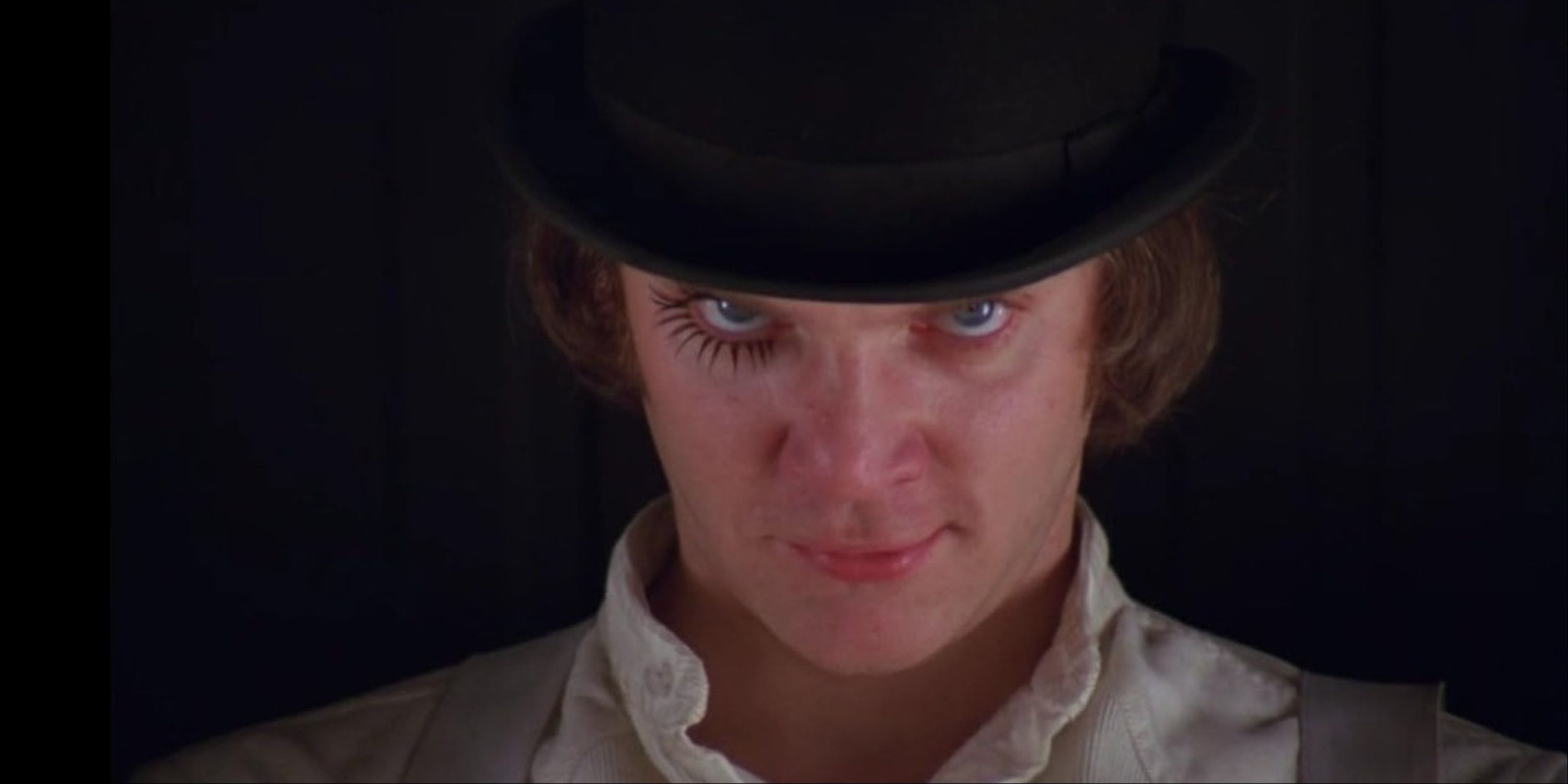 A close-up of Malcolm McDowell's Alex DeLarge in A Clockwork Orange.