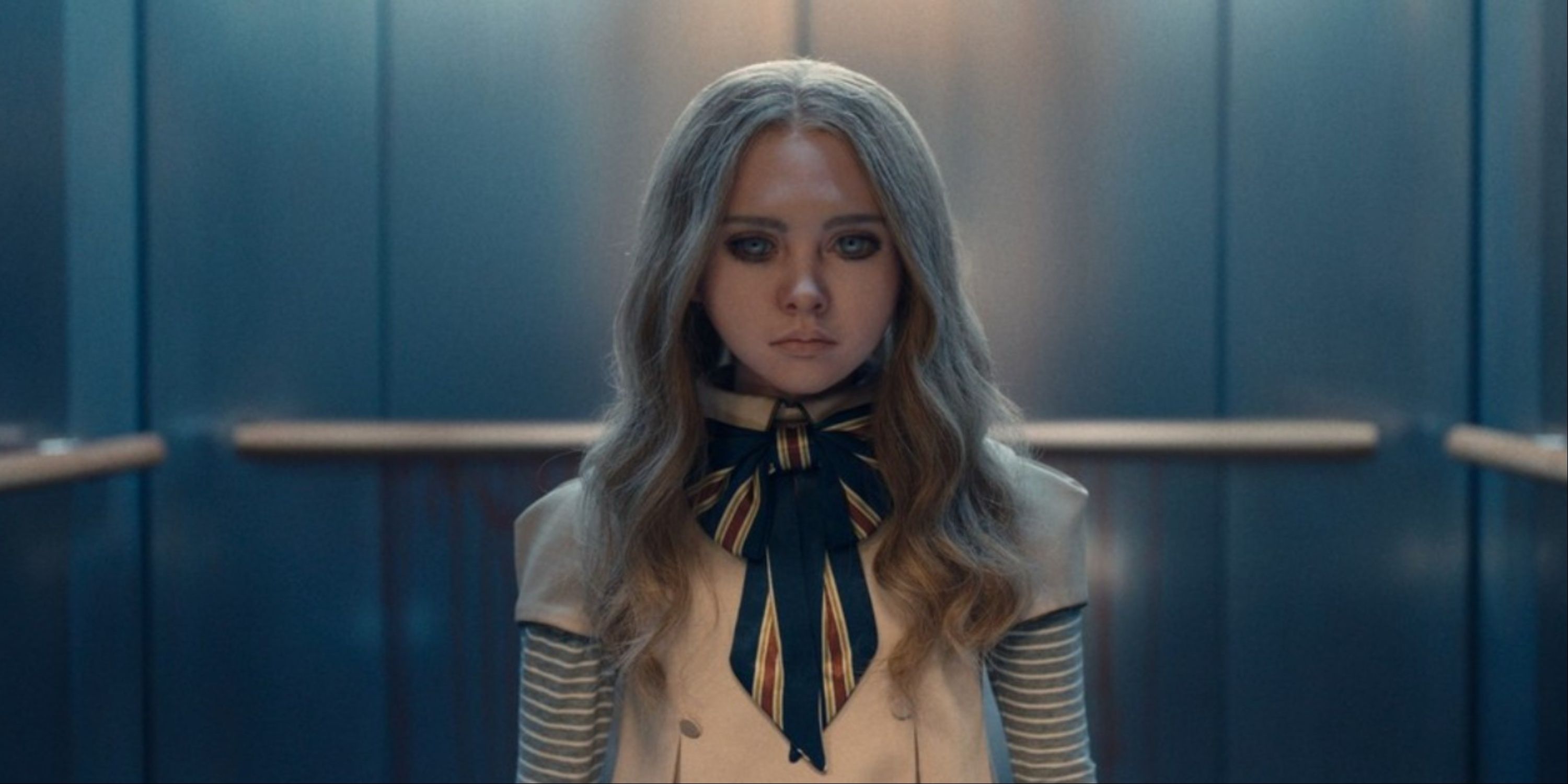 A close-up of the killer AI robot doll Megan in the film M3GAN.