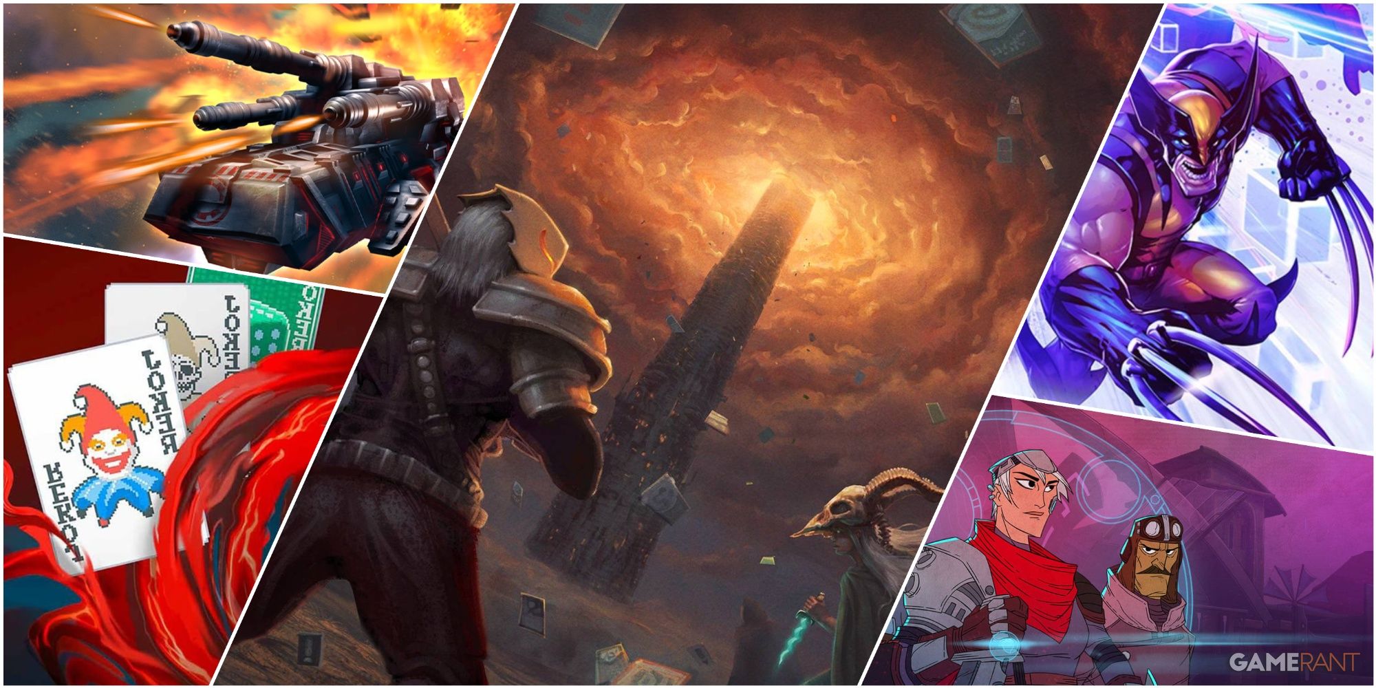 A Collage Of Key Art From Star Realms, Balatro, Slay The Spire, Marvel SNAP, & Griftlands