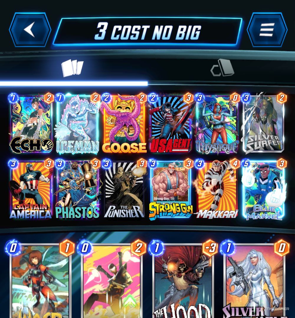 A deck in Marvel Snap titled 3 Cost No Big.