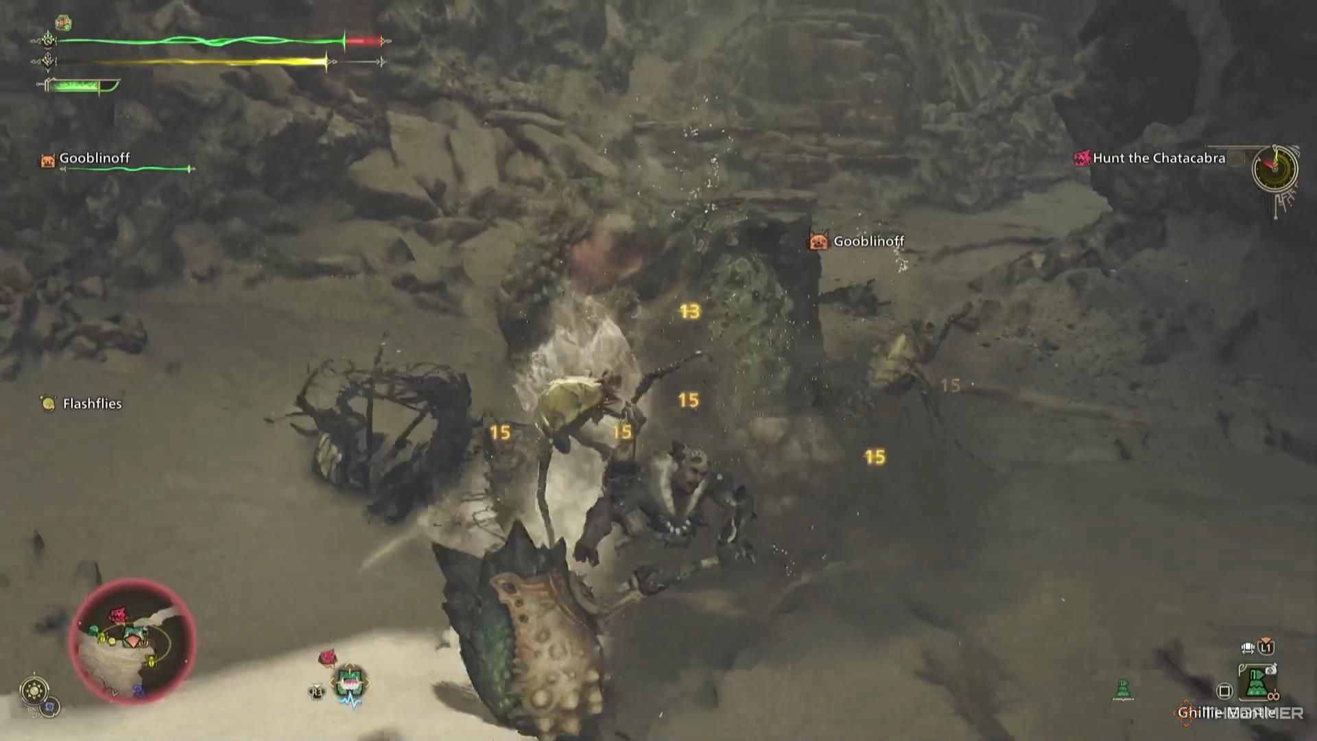 A Hunter gets knocked backwards by a monster in Monster Hunter Wilds.