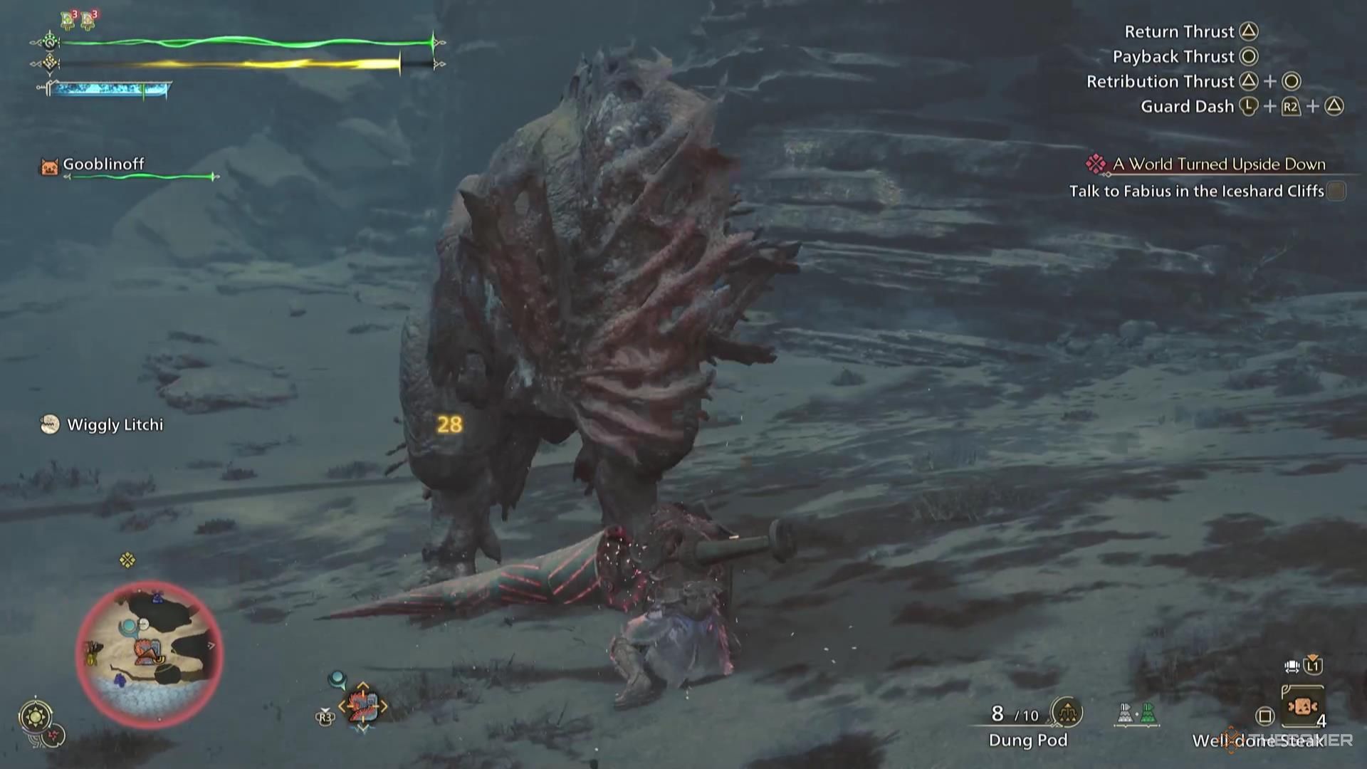 A Hunter stands in front of a monster, blocking its attack in Monster Hunter Wilds.