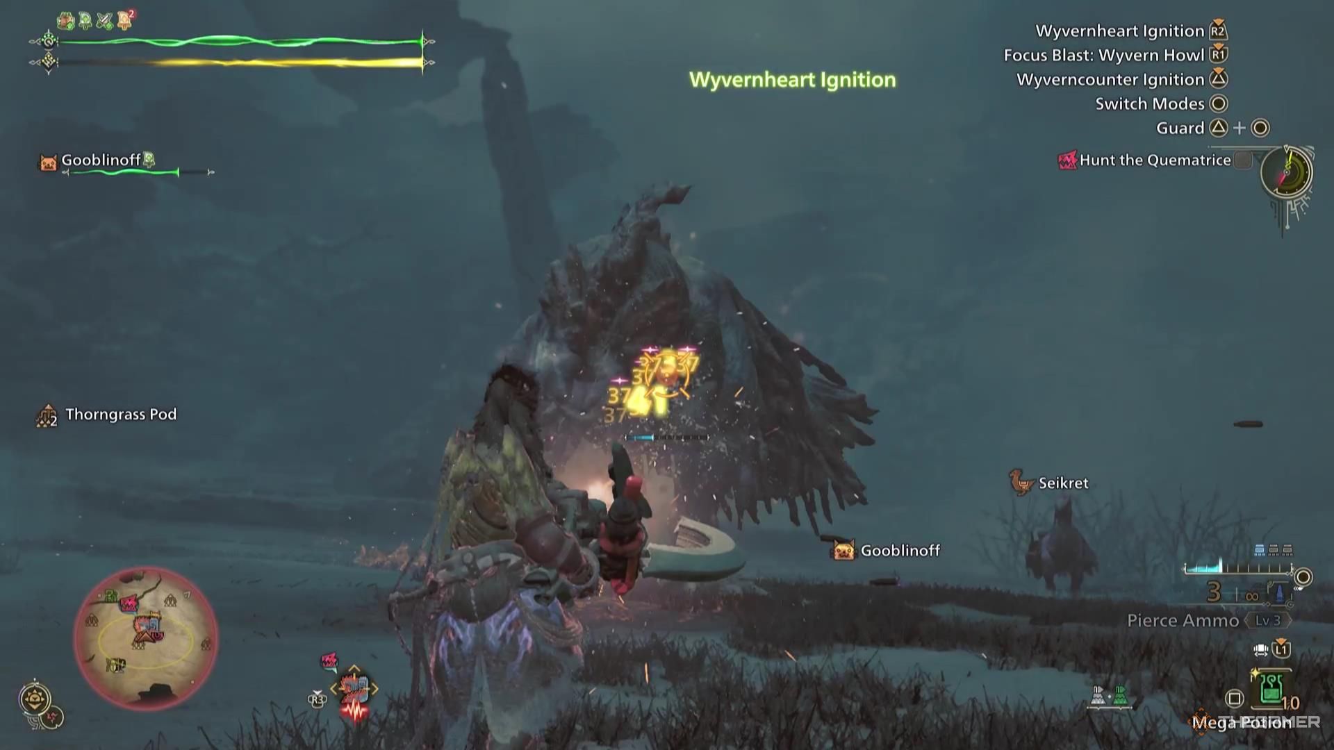 A Hunter unloads their Heavy Bowgun at a monster in Monster Hunter Wilds.