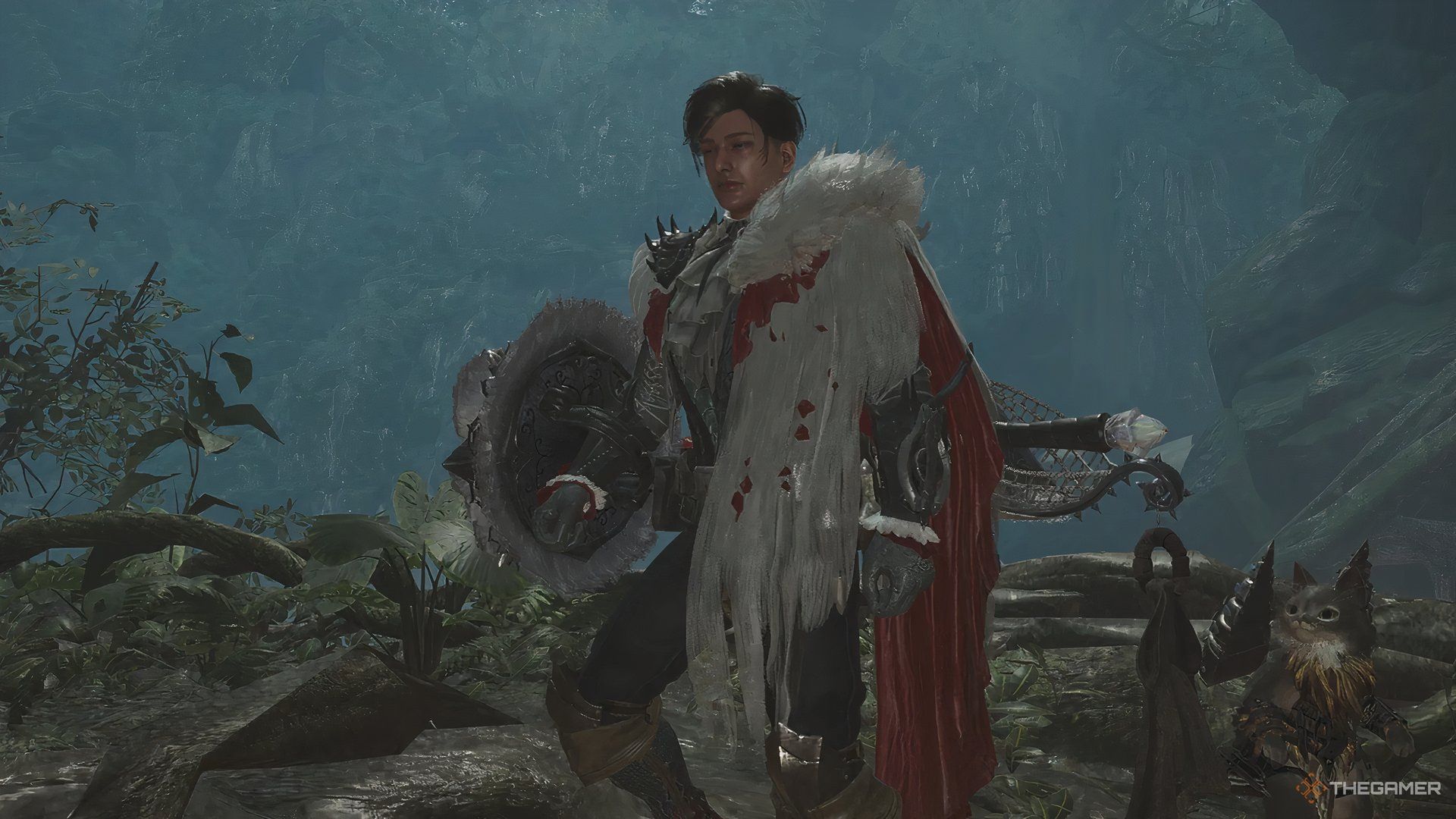 A hunter with a sword and shield on a cliff in Monster Hunter Wilds.