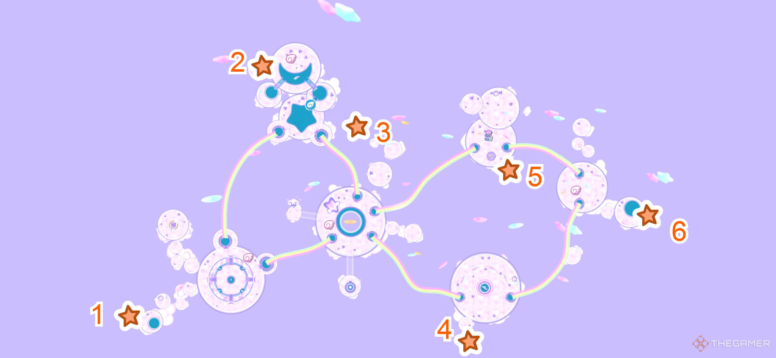 A map with all the Cloud Island challenge courses in Hello Kitty Island Adventure.