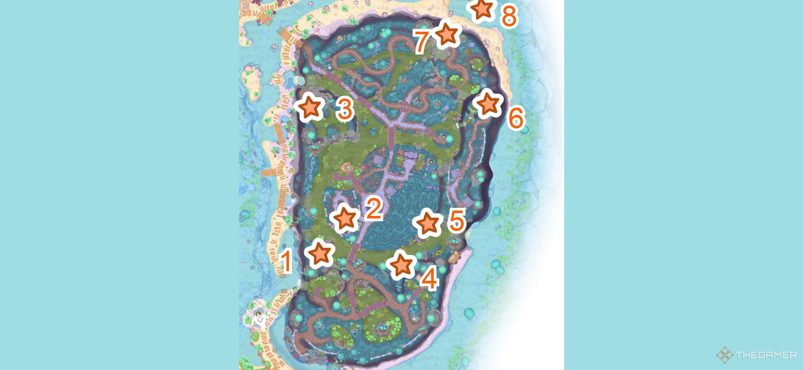 A map with all the Spooky Swamp challenge courses in Hello Kitty Island Adventure.