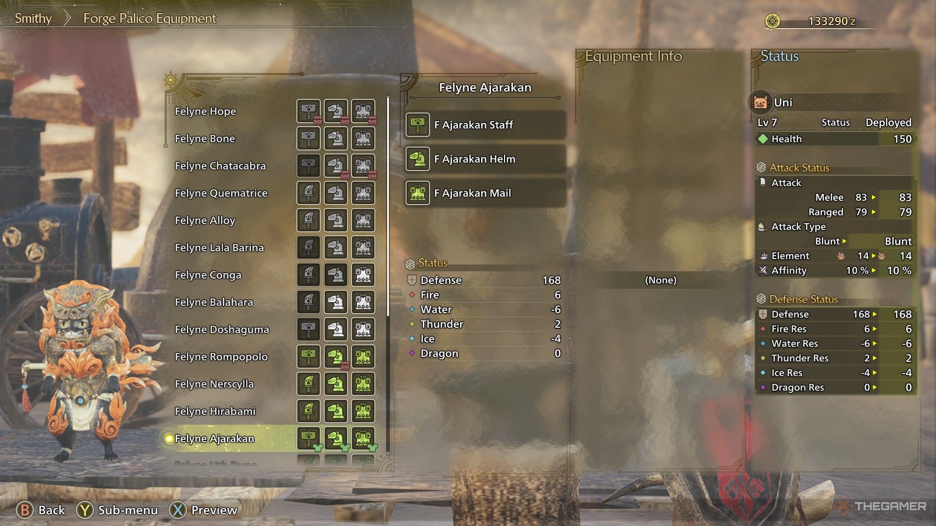 A Monster Hunter Wilds screenshot showing the Palico wearing the Ajarakan set