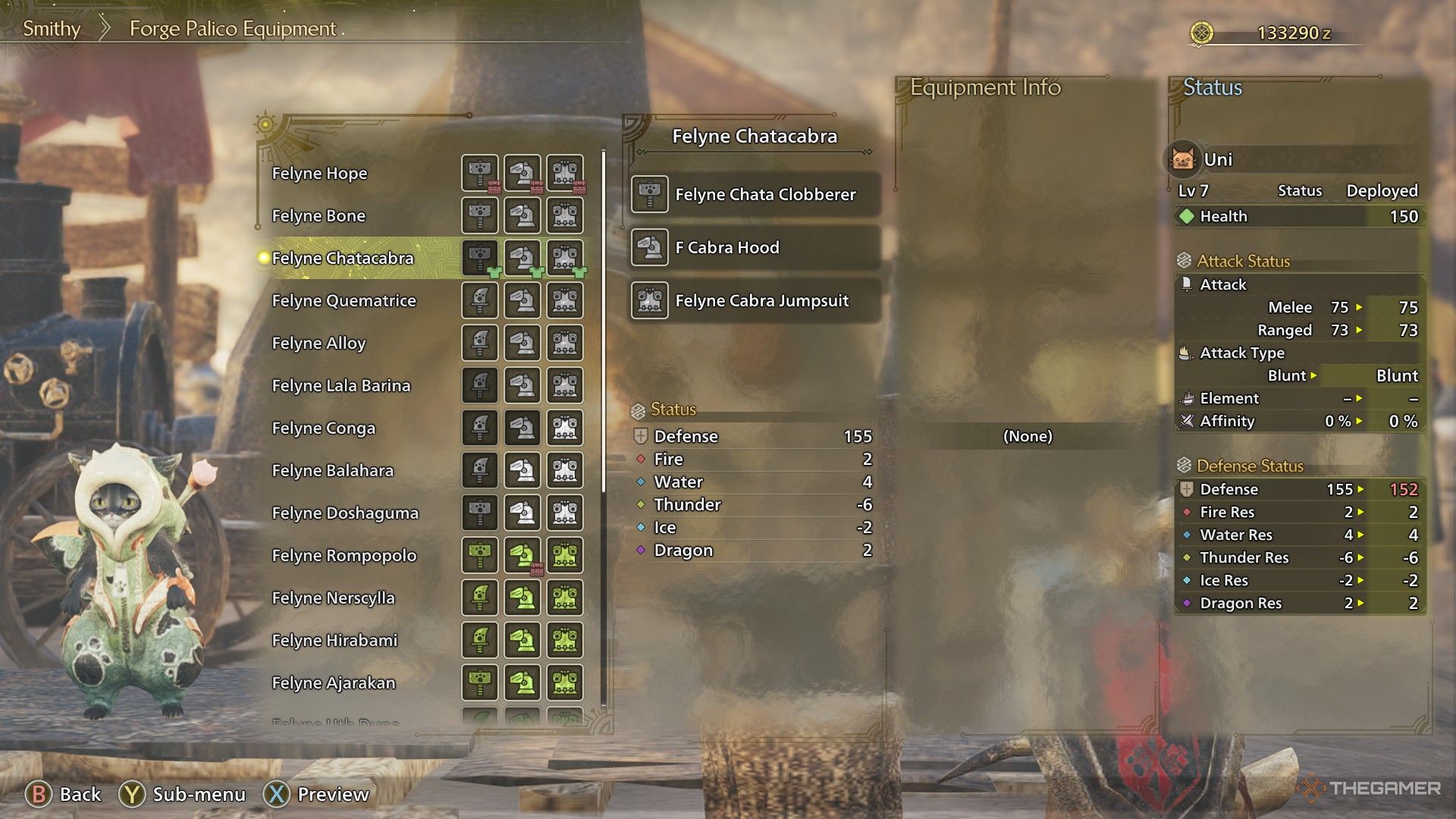 A Monster Hunter Wilds screenshot showing the Palico wearing the Chatacabra set