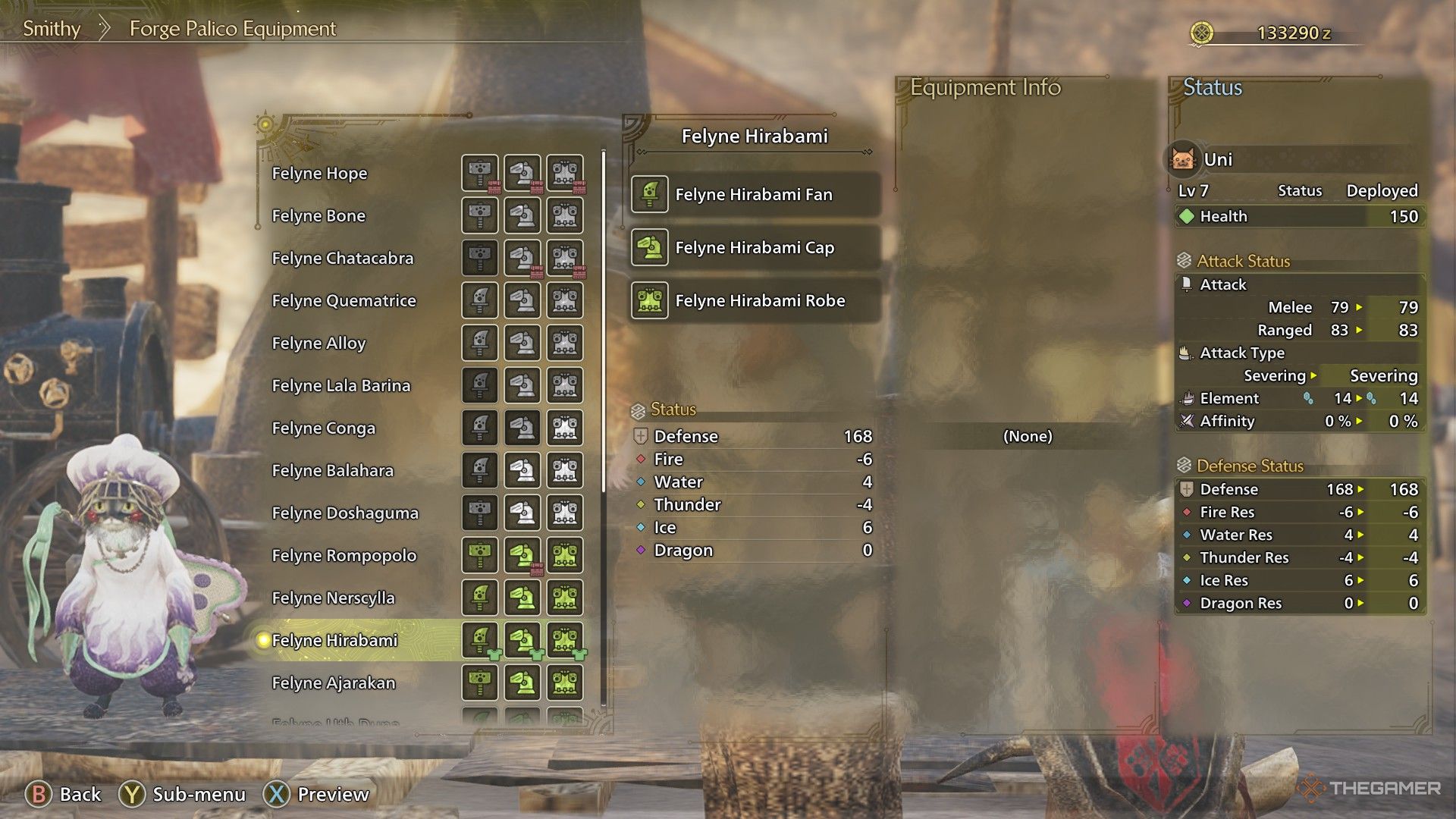 A Monster Hunter Wilds screenshot showing the Palico wearing the Hirabami set