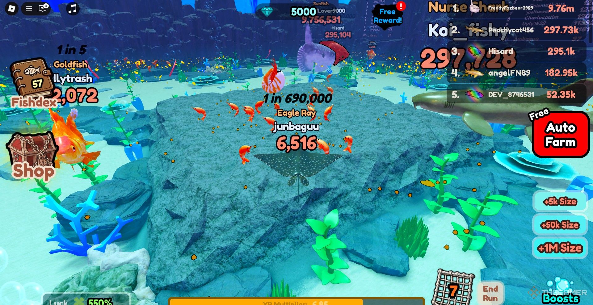 A player looking at a giant shrimp in Be Fish.