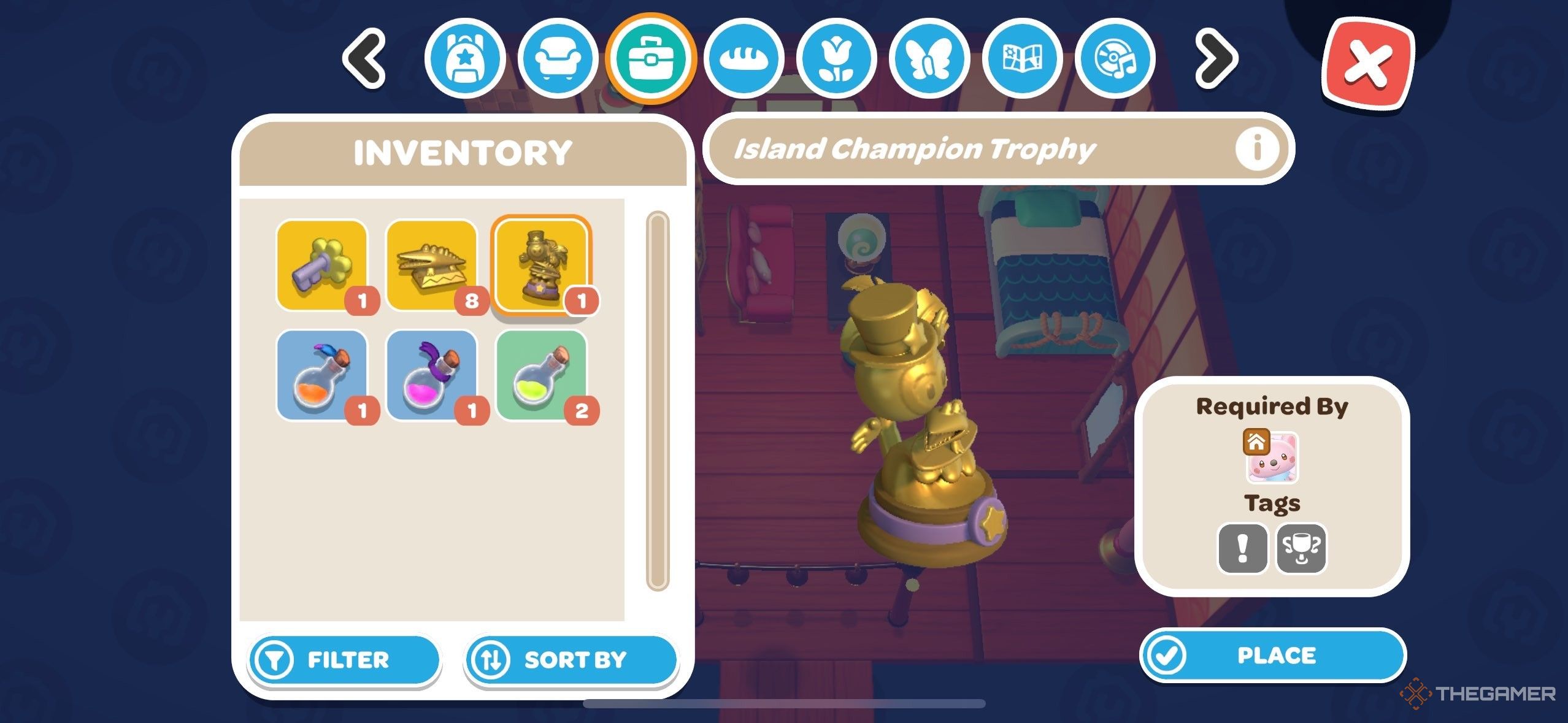 A player looking at the Island Champion Trophy in Hello Kitty Island Adventure.