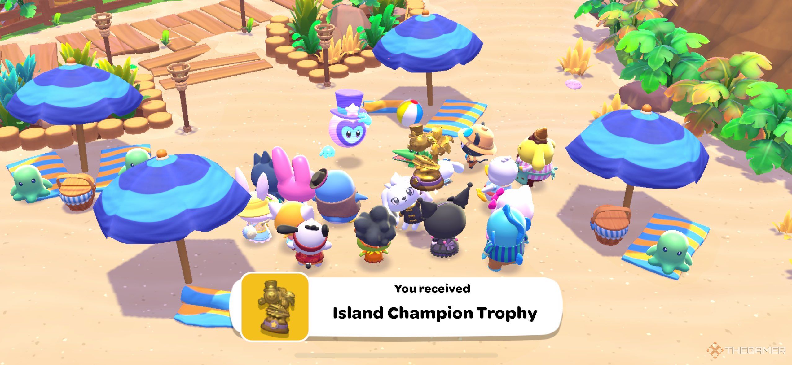 A player recieving the Island Champion Trophy in Hello Kitty Island Adventure.