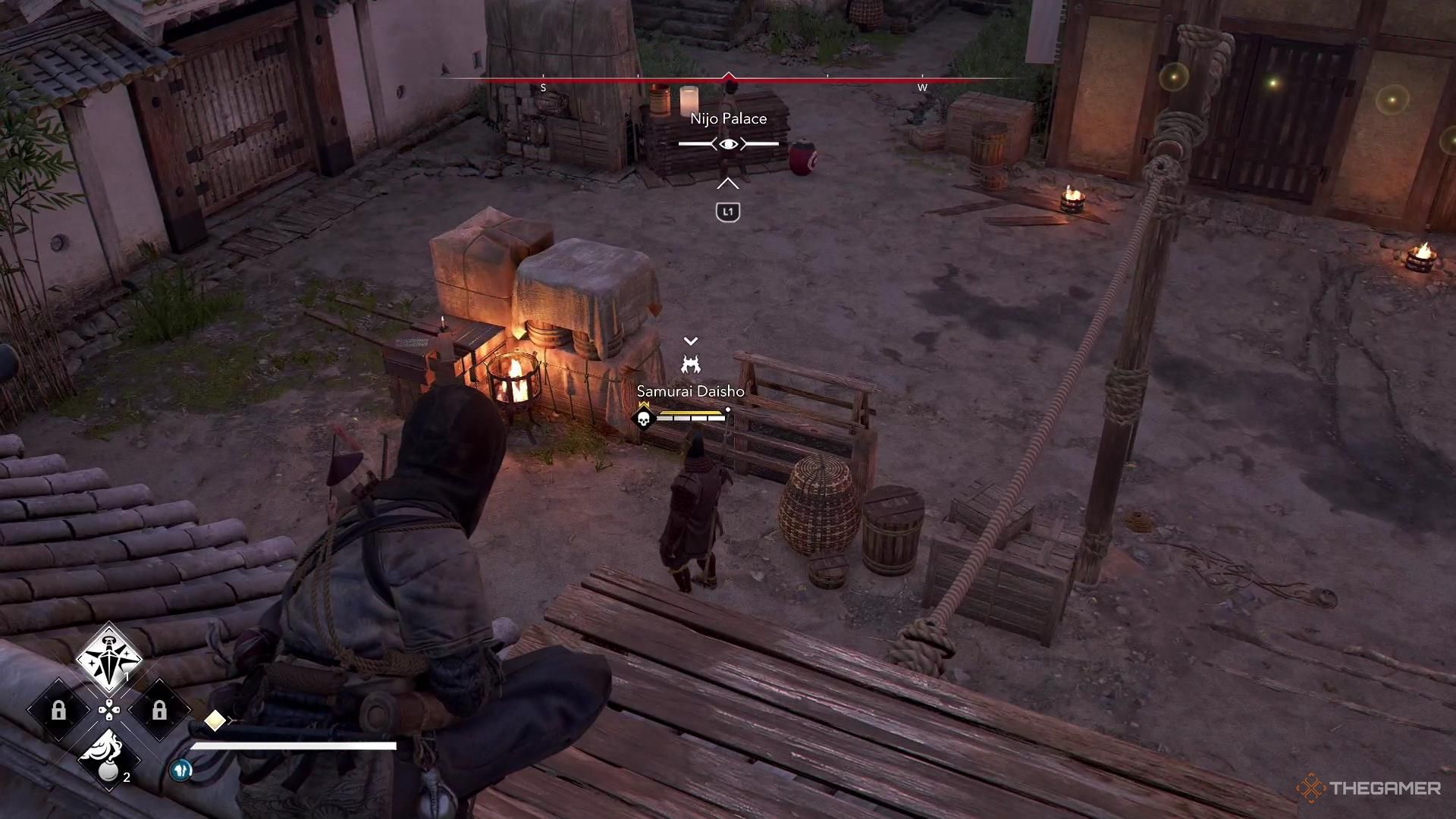 A samurai stands speaking to a guard in Assassin's Creed Shadows.