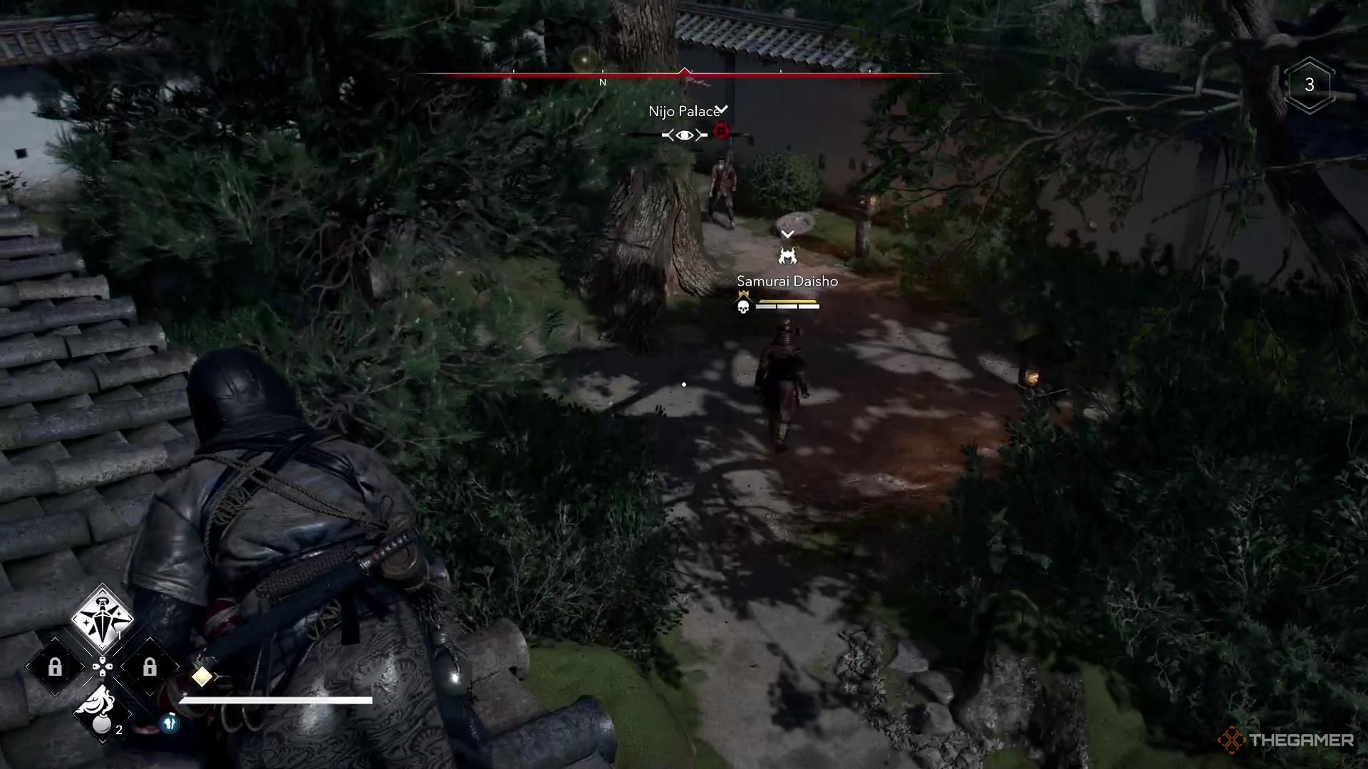 A samurai walks around a large tree at night in Assassin's Creed Shadows.