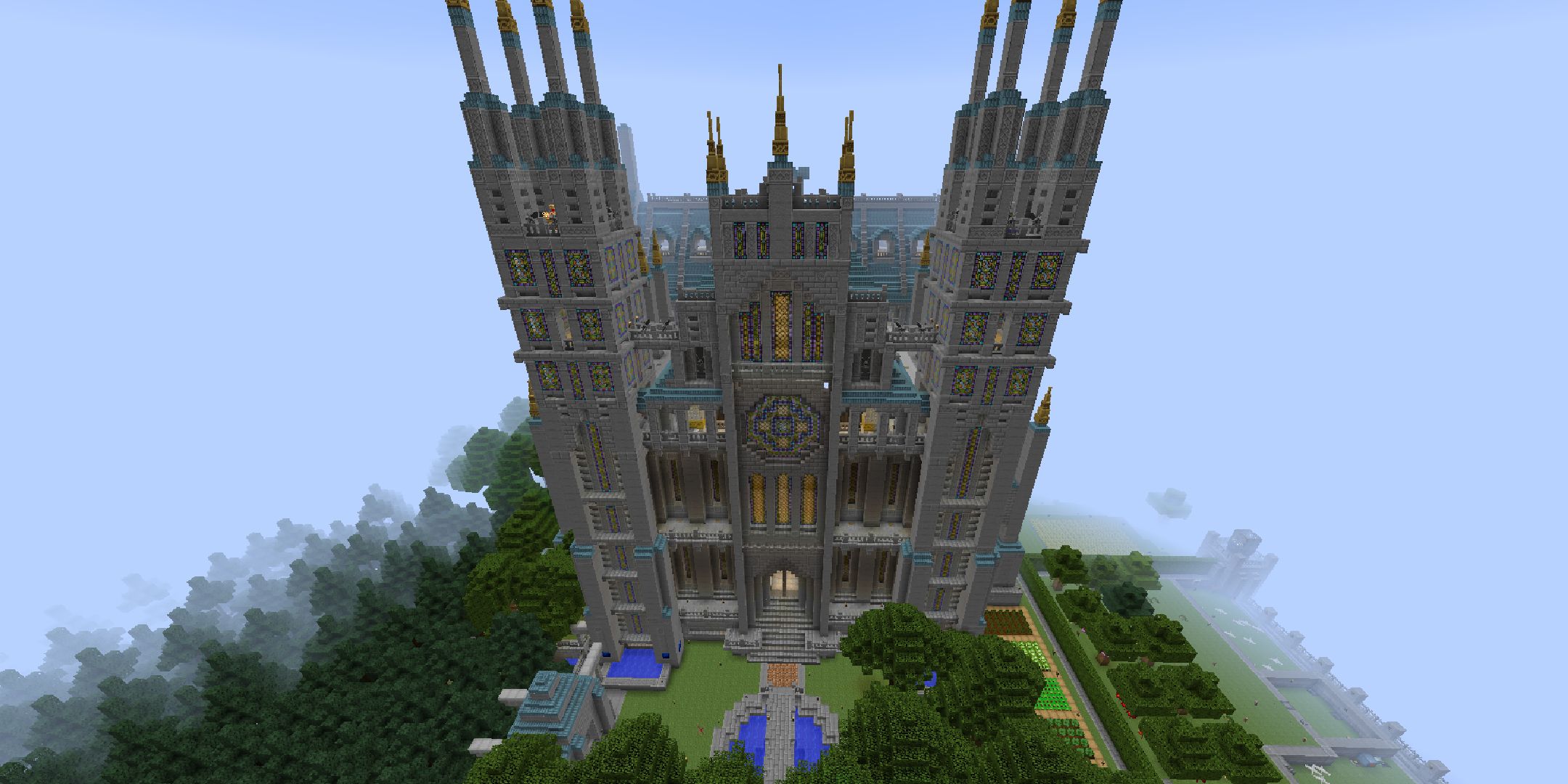 A screenshot of a large cathedral made with the Cathedral mod in Minecraft.