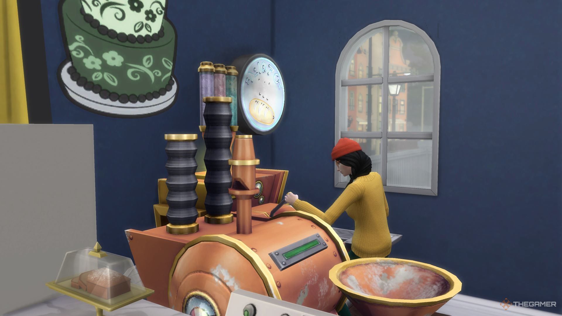 A Sim using the Whipped Dream machine in a bakery in The Sims 4 Businesses and Hobbies.