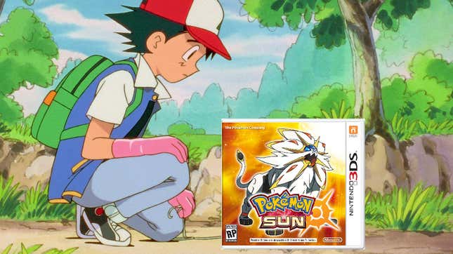 Ash Ketchum looks at Pokemon Sun. 