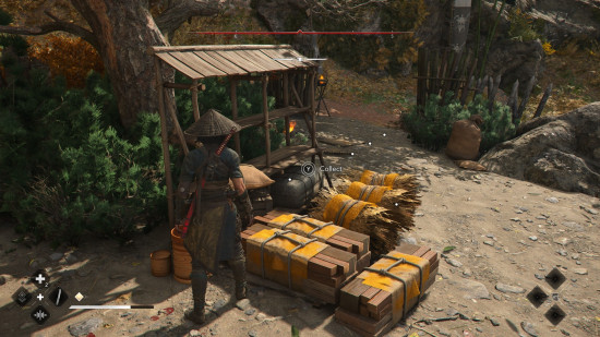 Assassins Creed Shadows resources: a female assassin dressed in black stands next to a huge bundle of hay.