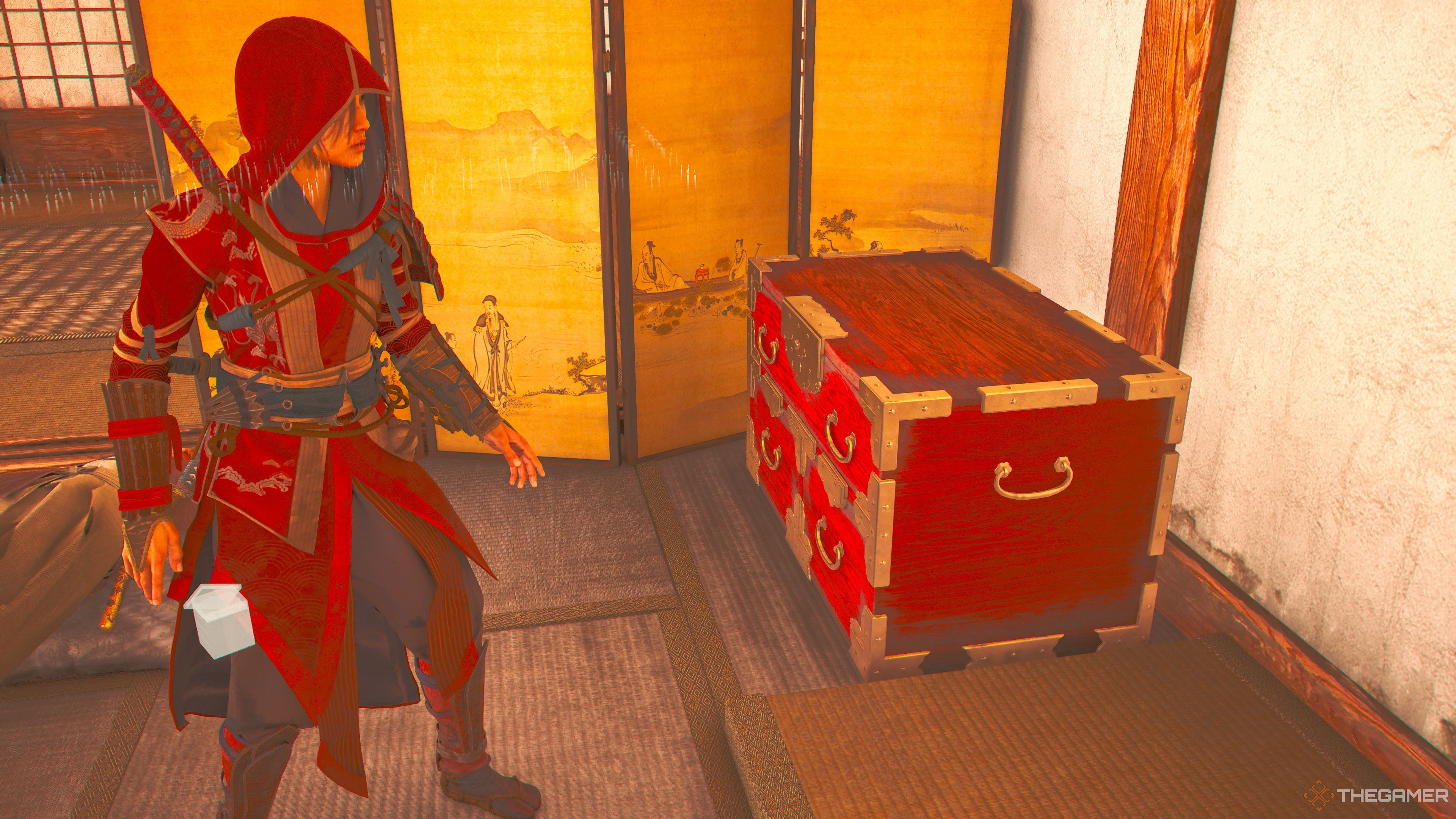Naoe next to the Genbao Fort Chest in Assassin's Creed Shadows.