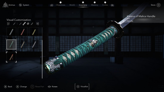AC Shadows transmog: the hilt or a katana, wrapped in blue.