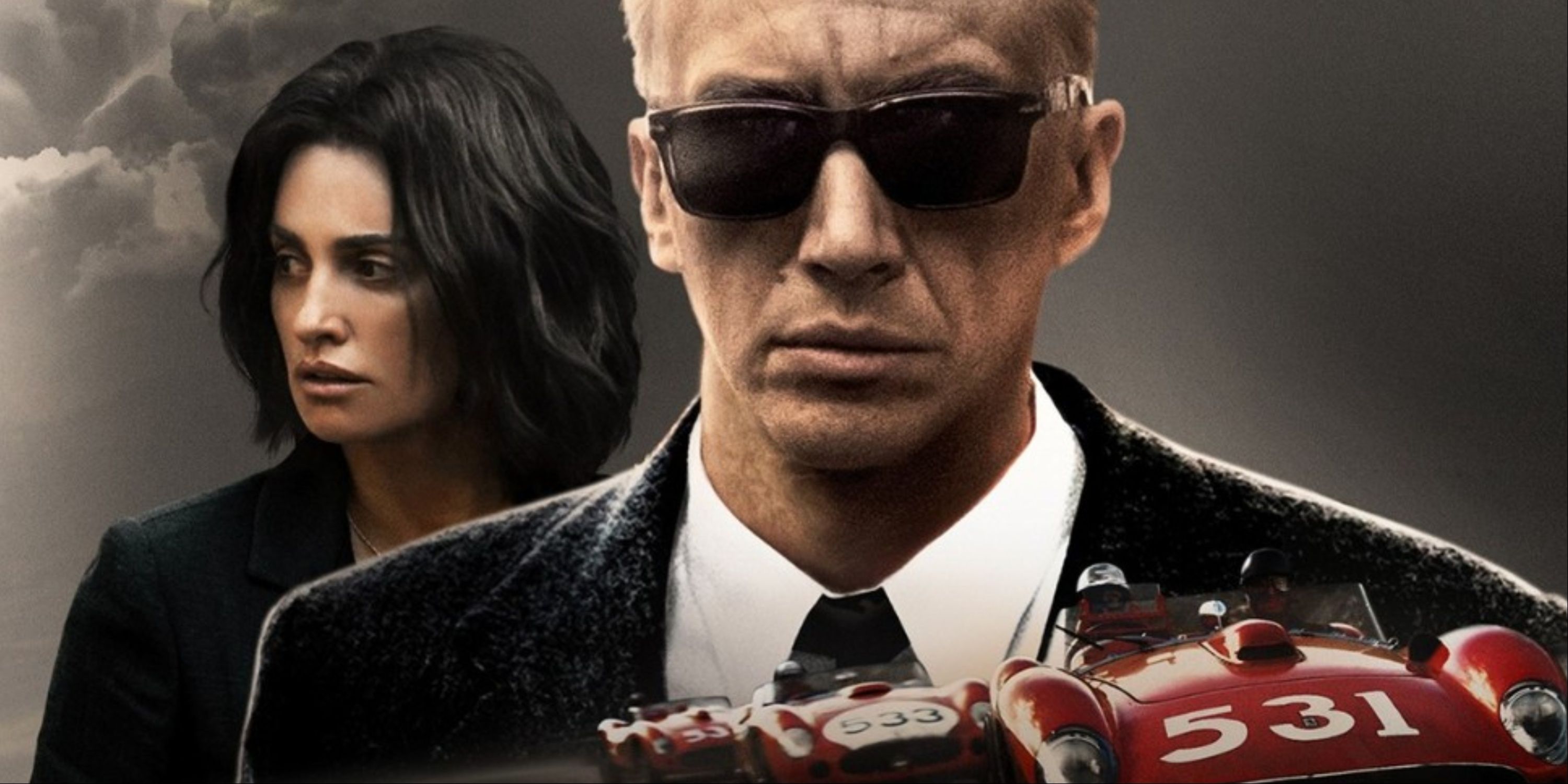 Adam Driver and Penelope Cruz on the main art for Ferrari, with race cars zooming by.