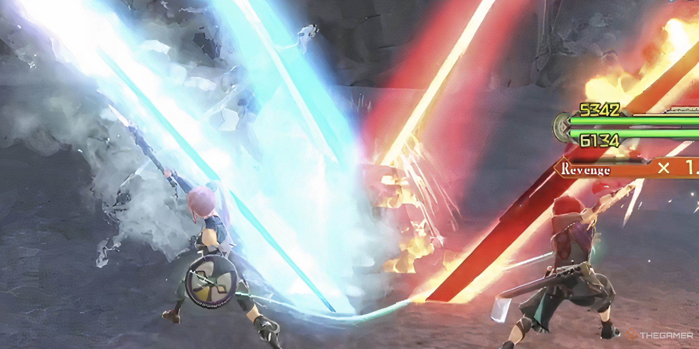 Adol And Karja Creating An V-Shaped Beam Using The Duo Skill Blazal Cross In Ys X: Nordics.
