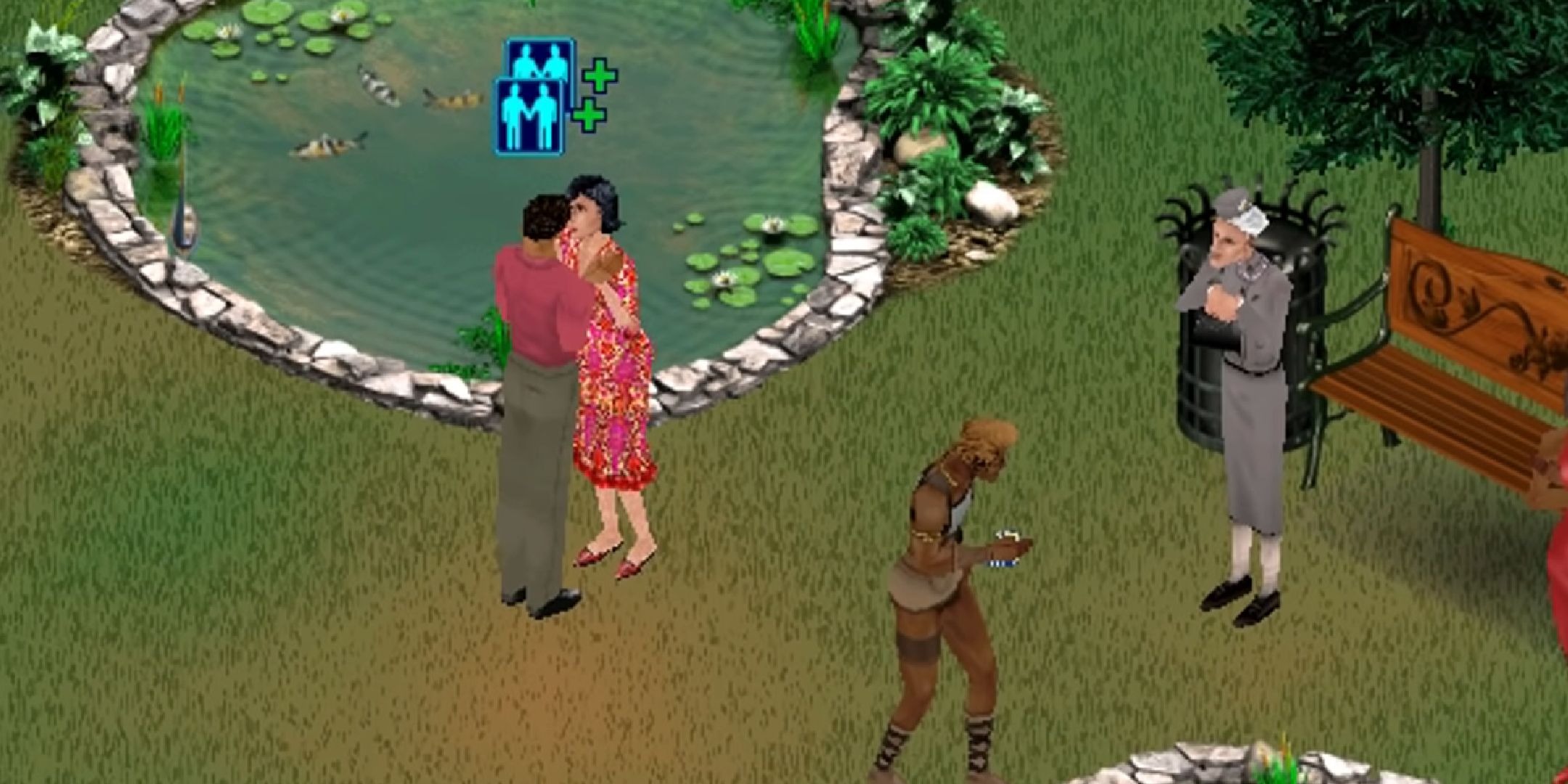 Agnes Crumplebottom standing in a park while people kiss in The Sims 4. - Copy