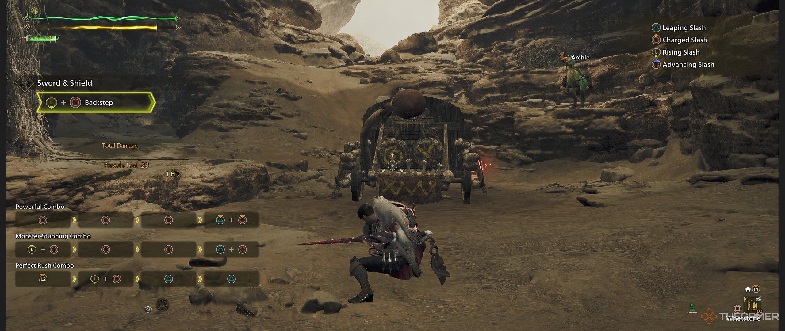 Aiming at the training dummy with a sword and shield at the camp in Monster Hunter Wilds.