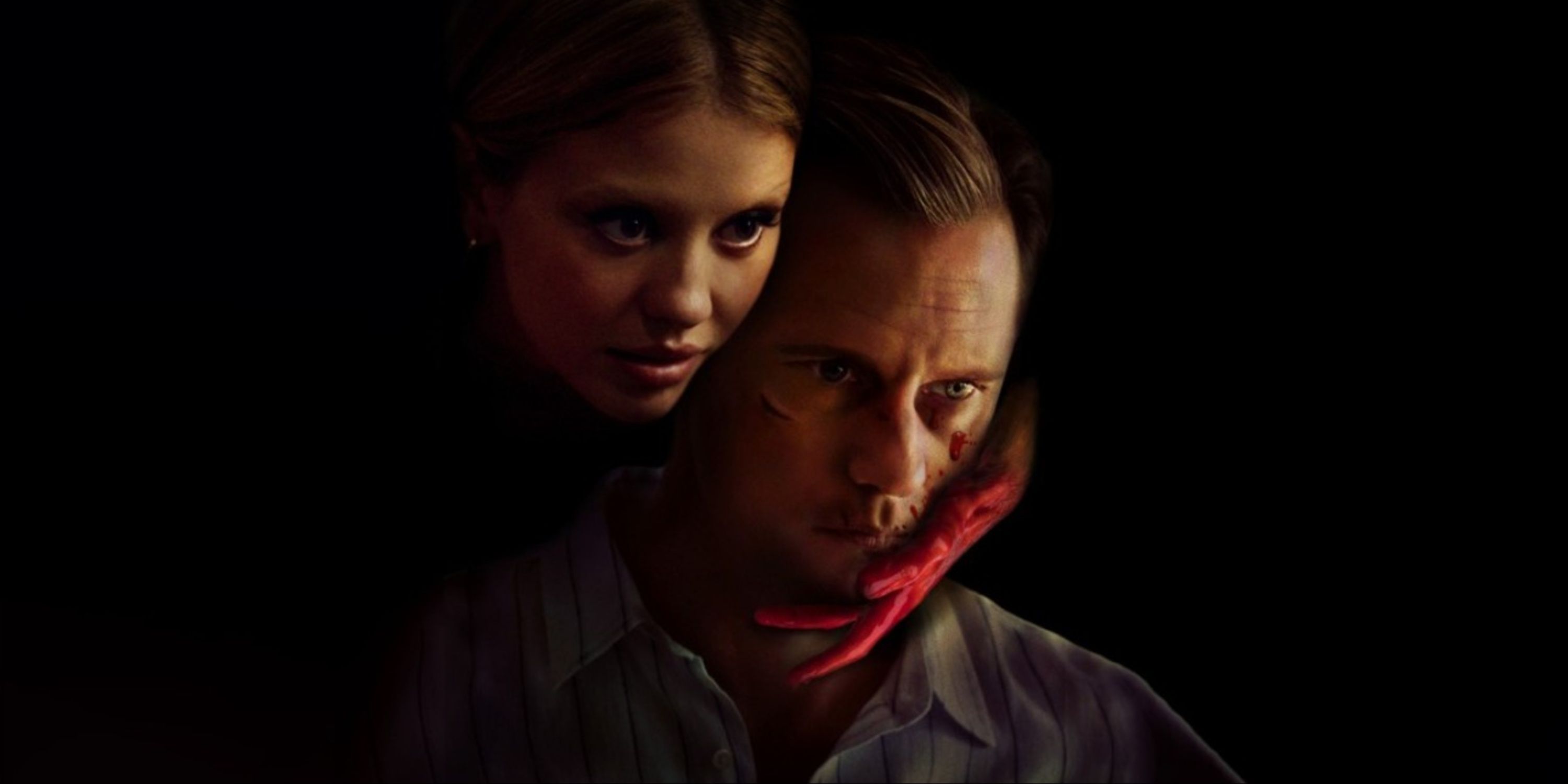 Alexander Skarsgård and Mia Goth featured on the creepy art for Infinity Pool.