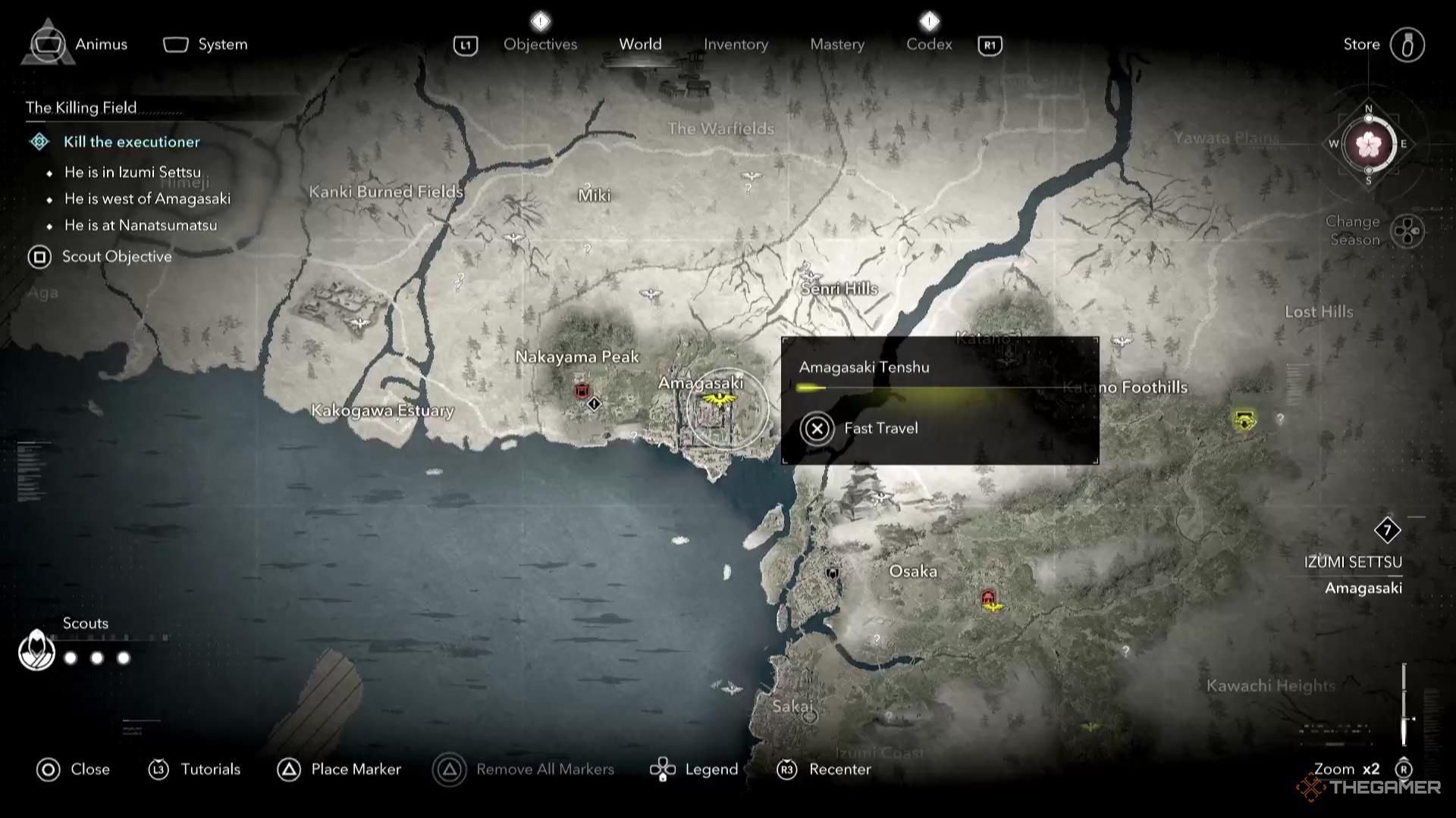 Amagasaki Castle on the map in Assassin's Creed Shadows.