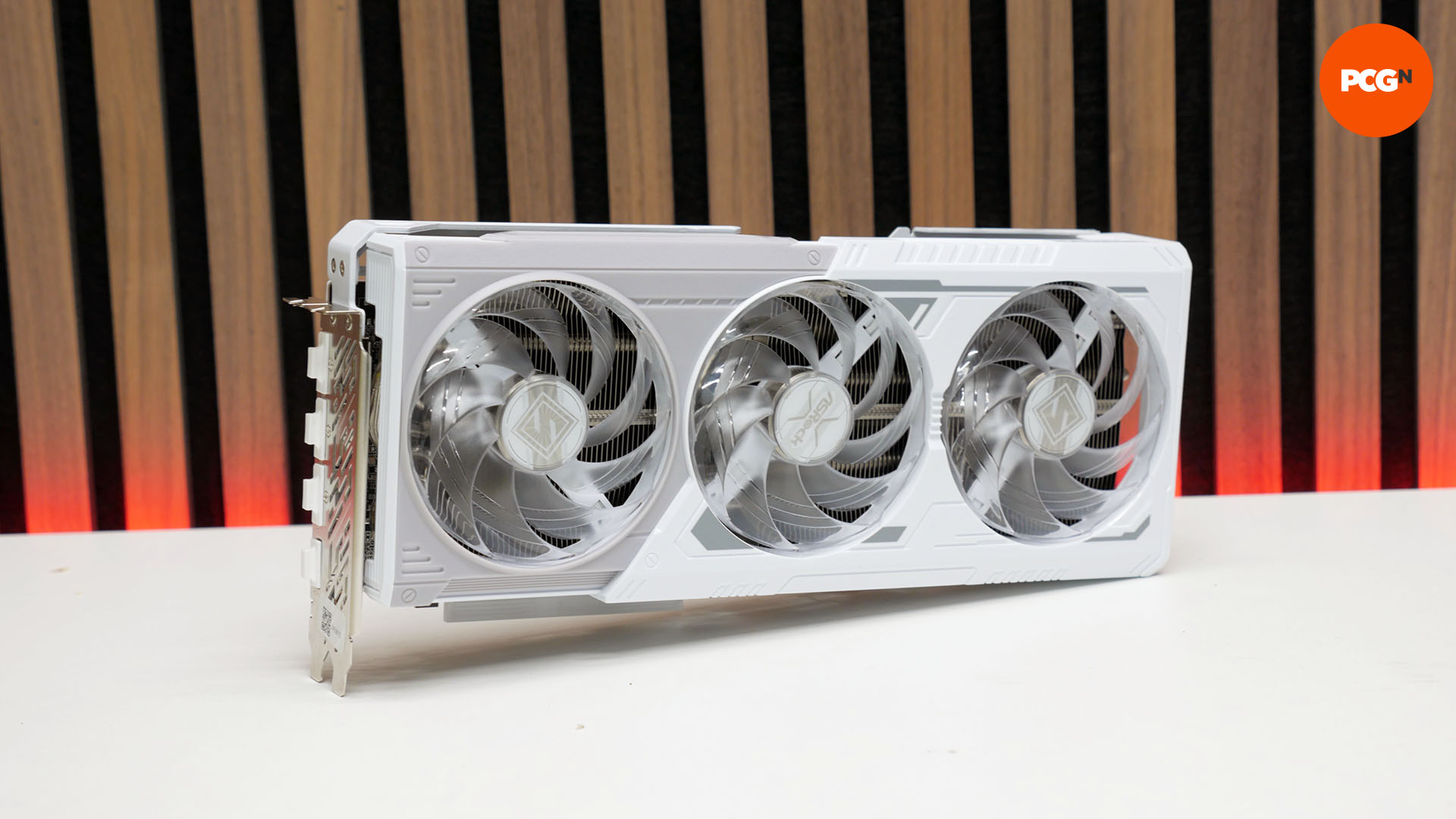 AMD Radeon RX 9070 review: White ASRock Steel Legend graphics card.