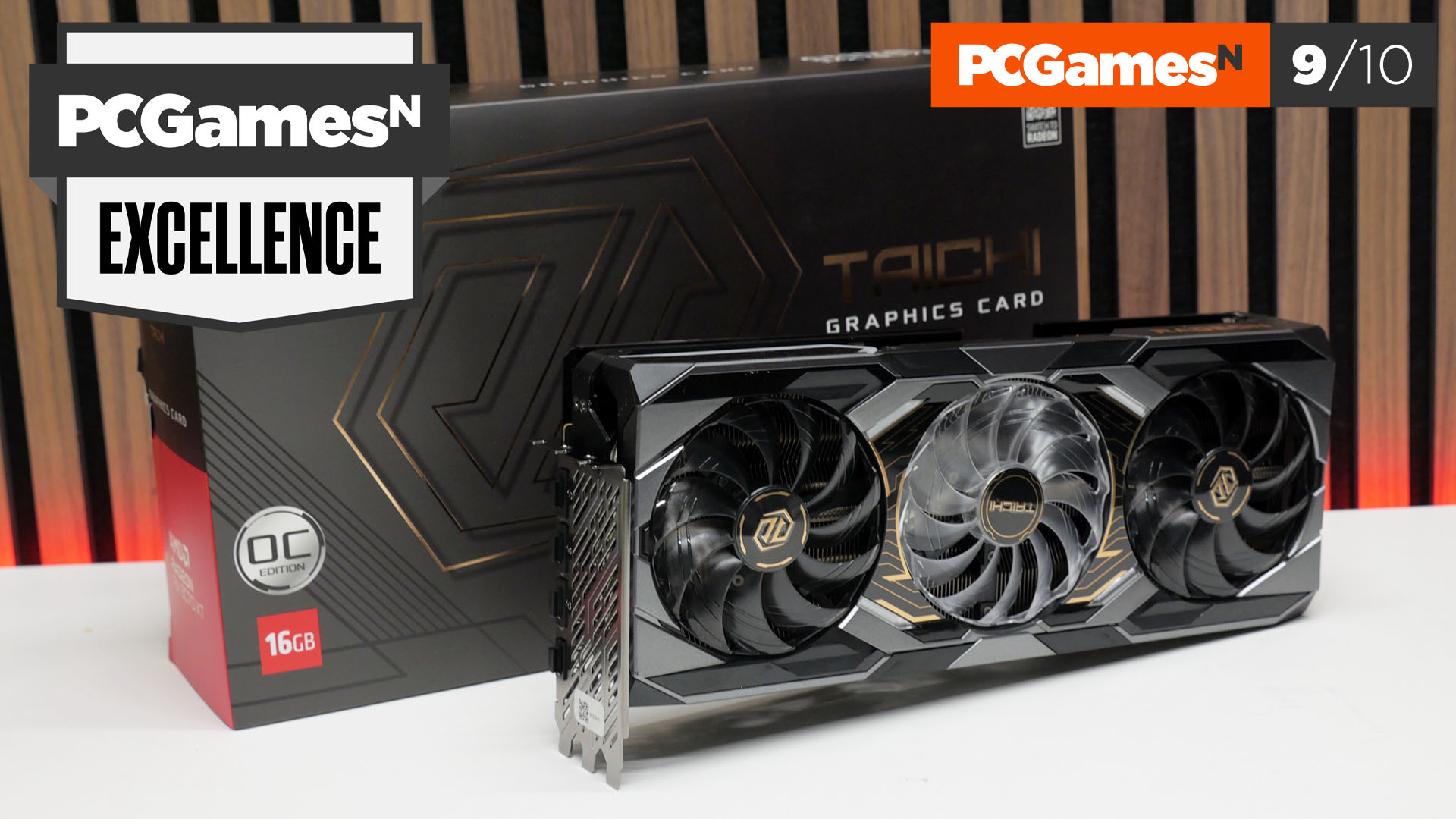 AMD Radeon RX 9070 XT review: ASRock Taichi OC graphics card on box with score and award.