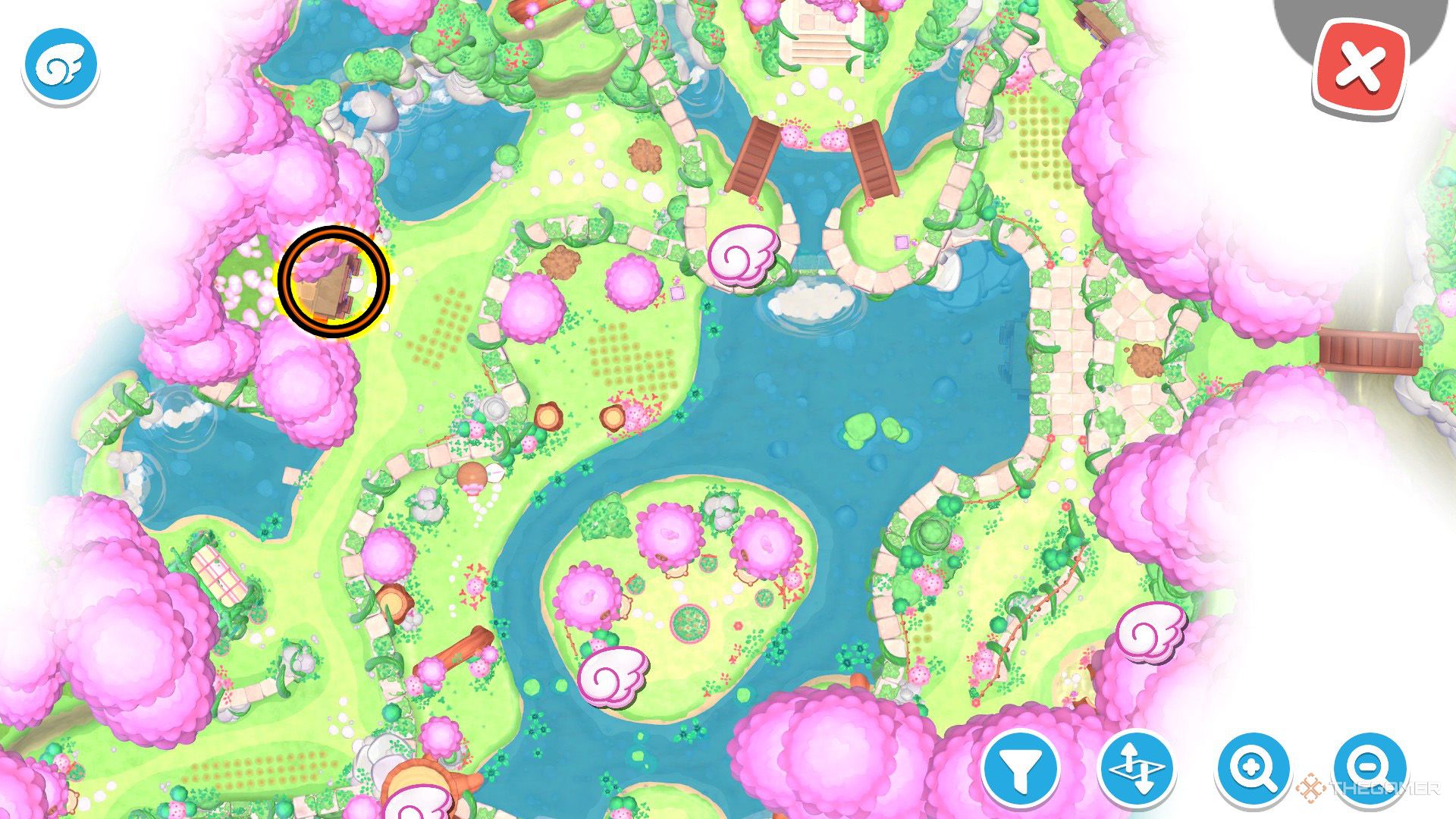 An orange circle shows the location of the Electric Introduction in Hello Kitty Island Adventure