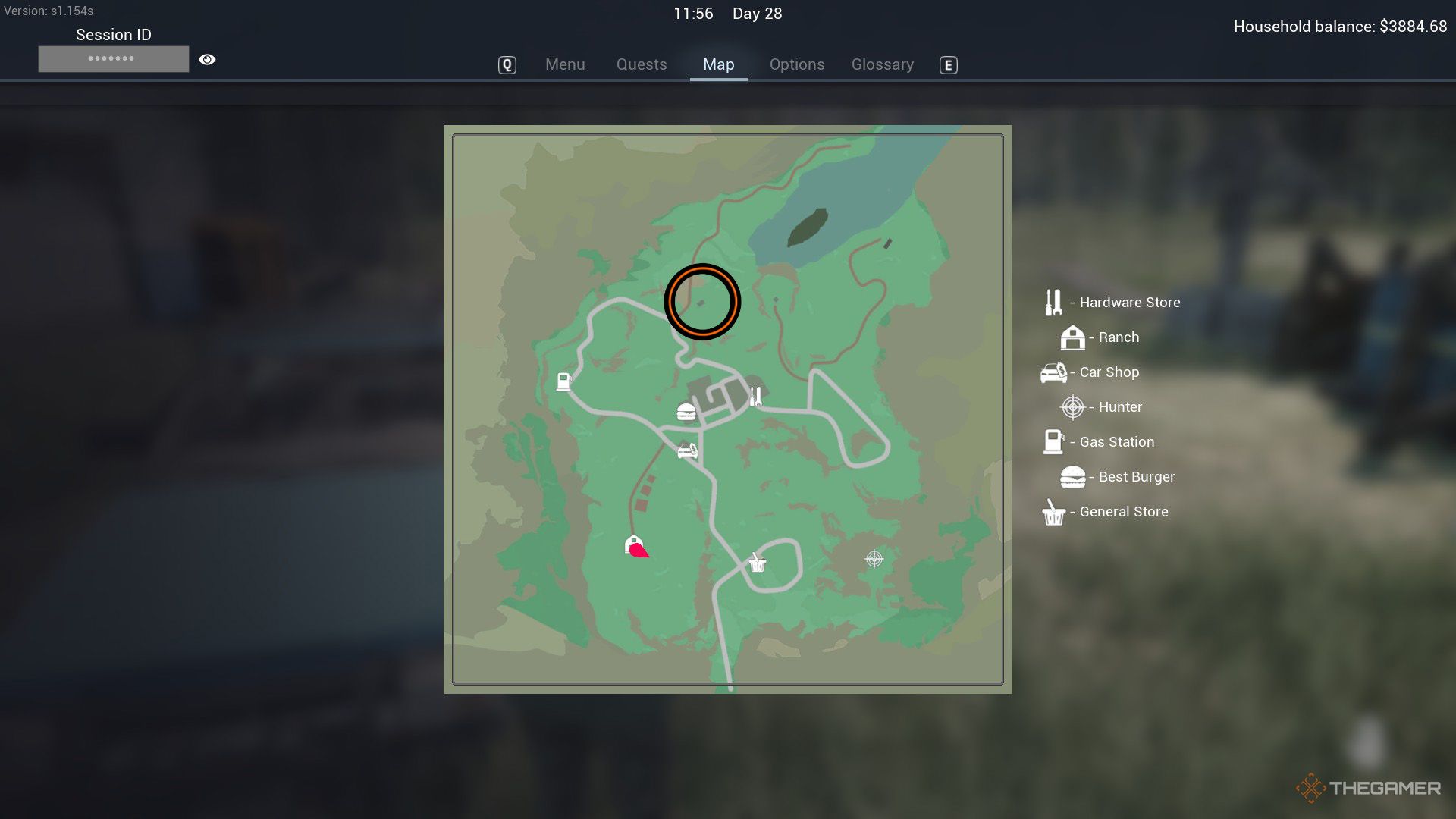 An orange circle shows the location of the female rancher in Ranch Simulator