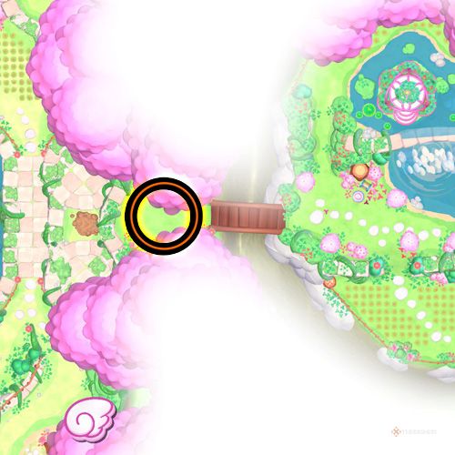 An orange circle shows the location of the fifth giant seed soil in Hello Kitty Island Adventure