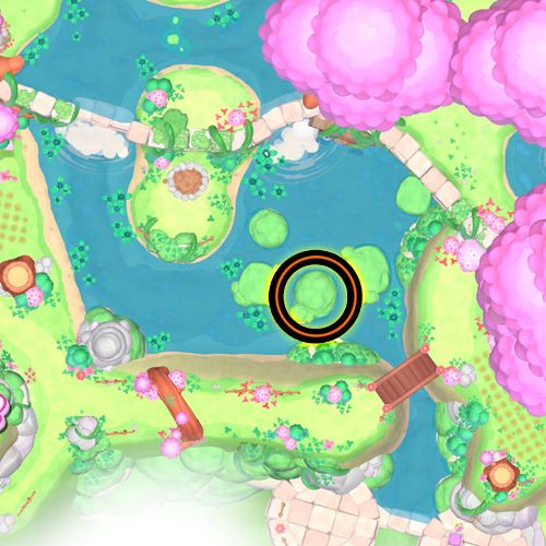 An orange circle shows the location of the first giant seed in Hello Kitty Island Adventure