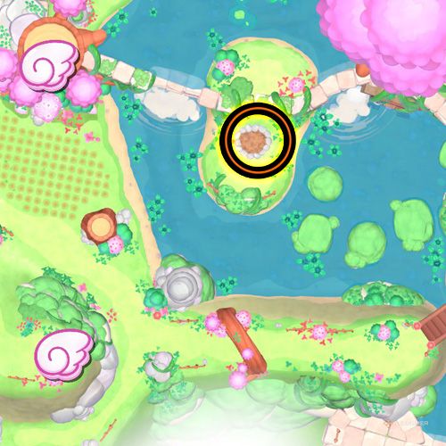 An orange circle shows the location of the first giant seed soil in Hello Kitty Island Adventure