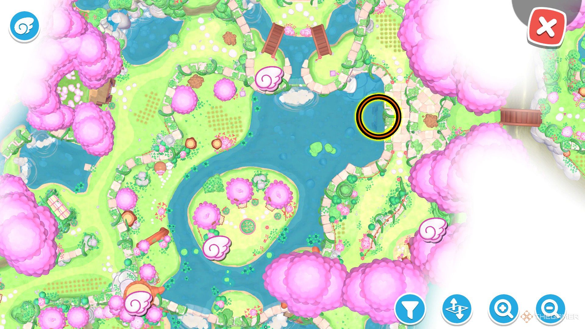 An orange circle shows the location of the Flooded Fulcrum in Hello Kitty Island Adventure