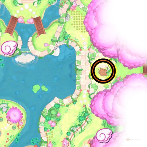 An orange circle shows the location of the fourth giant seed soil in Hello Kitty Island Adventure