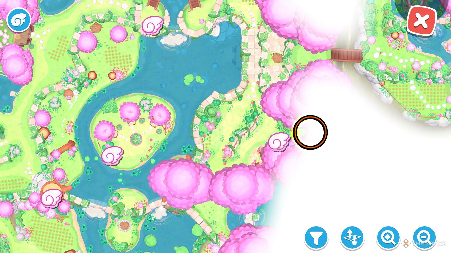 An orange circle shows the location of the Lighting Lockout in Hello Kitty Island Adventure