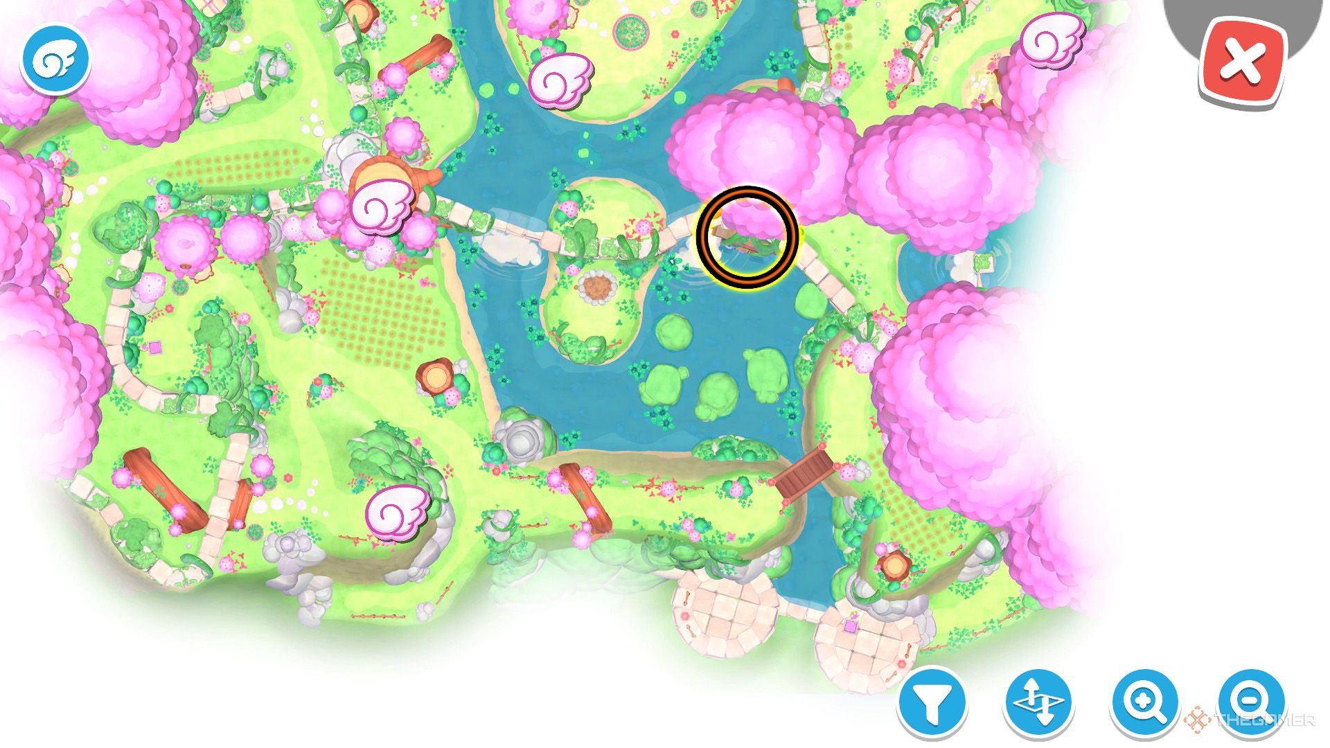 An orange circle shows the location of the Lilypad Pathing puzzle room in Hello Kitty Island Adventure