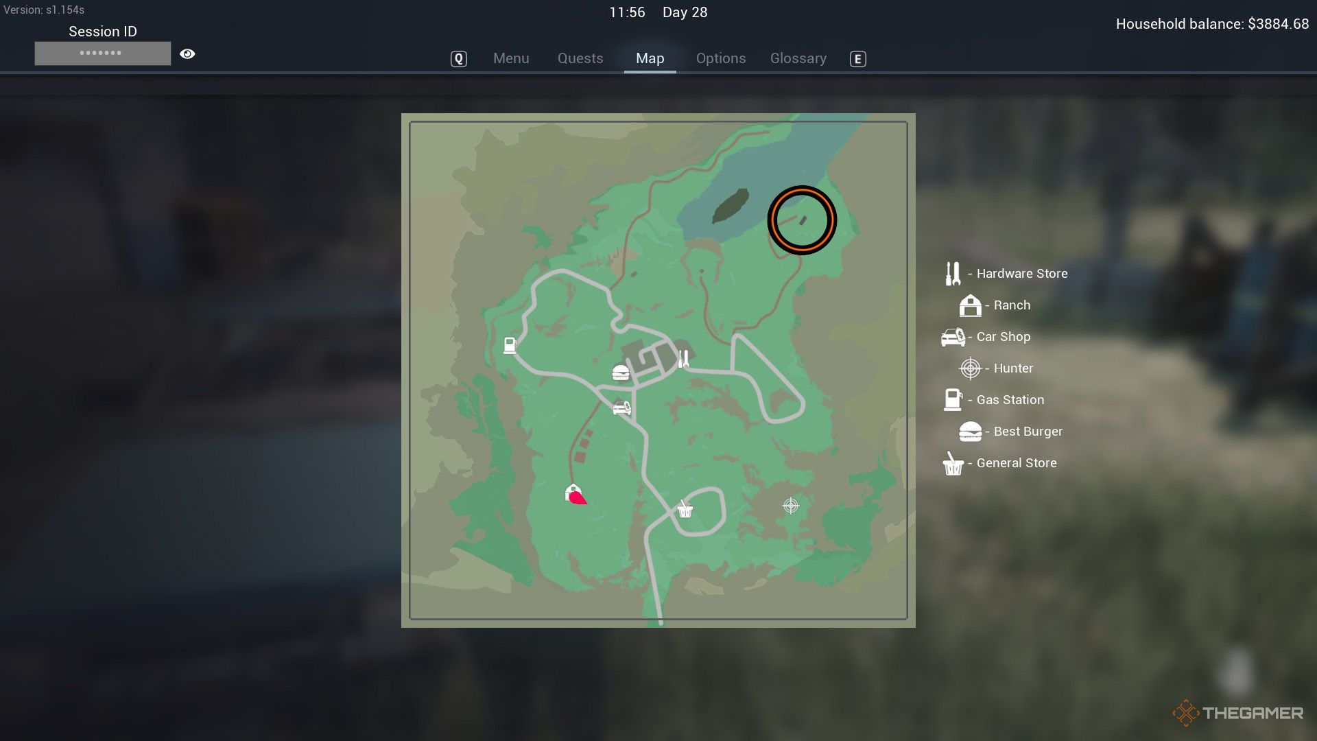 An orange circle shows the location of the male rancher in Ranch Simulator